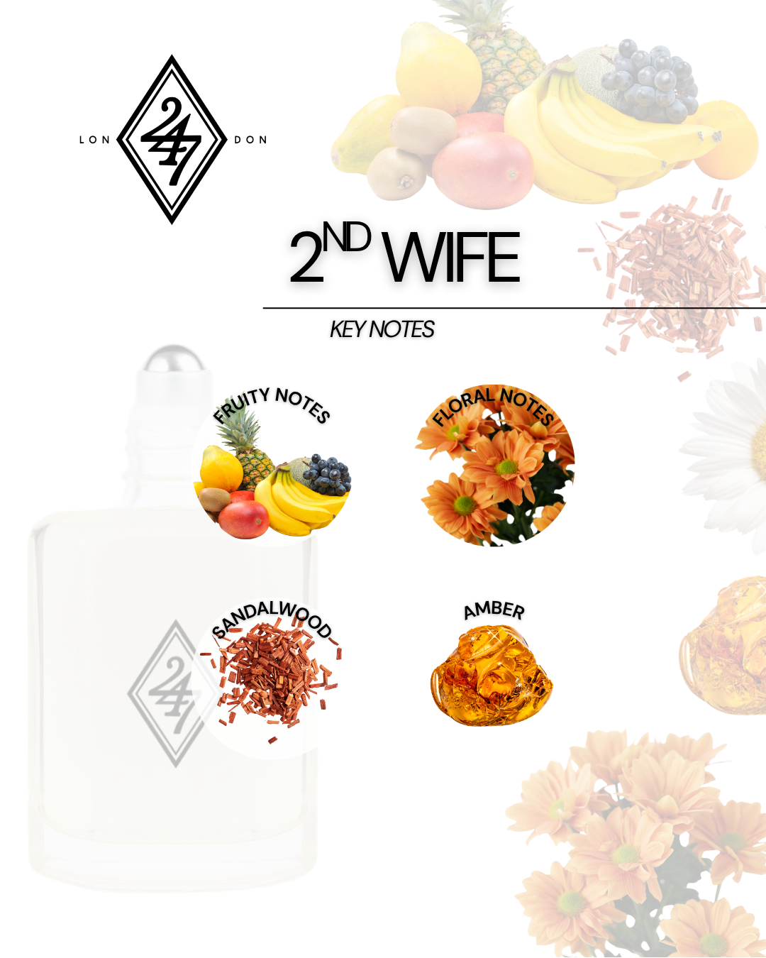 2nd Wife Fragrance Oil – Available in 3ml, 6ml, 12ml & 24ml. A fruity-floral blend with sandalwood & amber. Elegant, feminine & long-lasting.