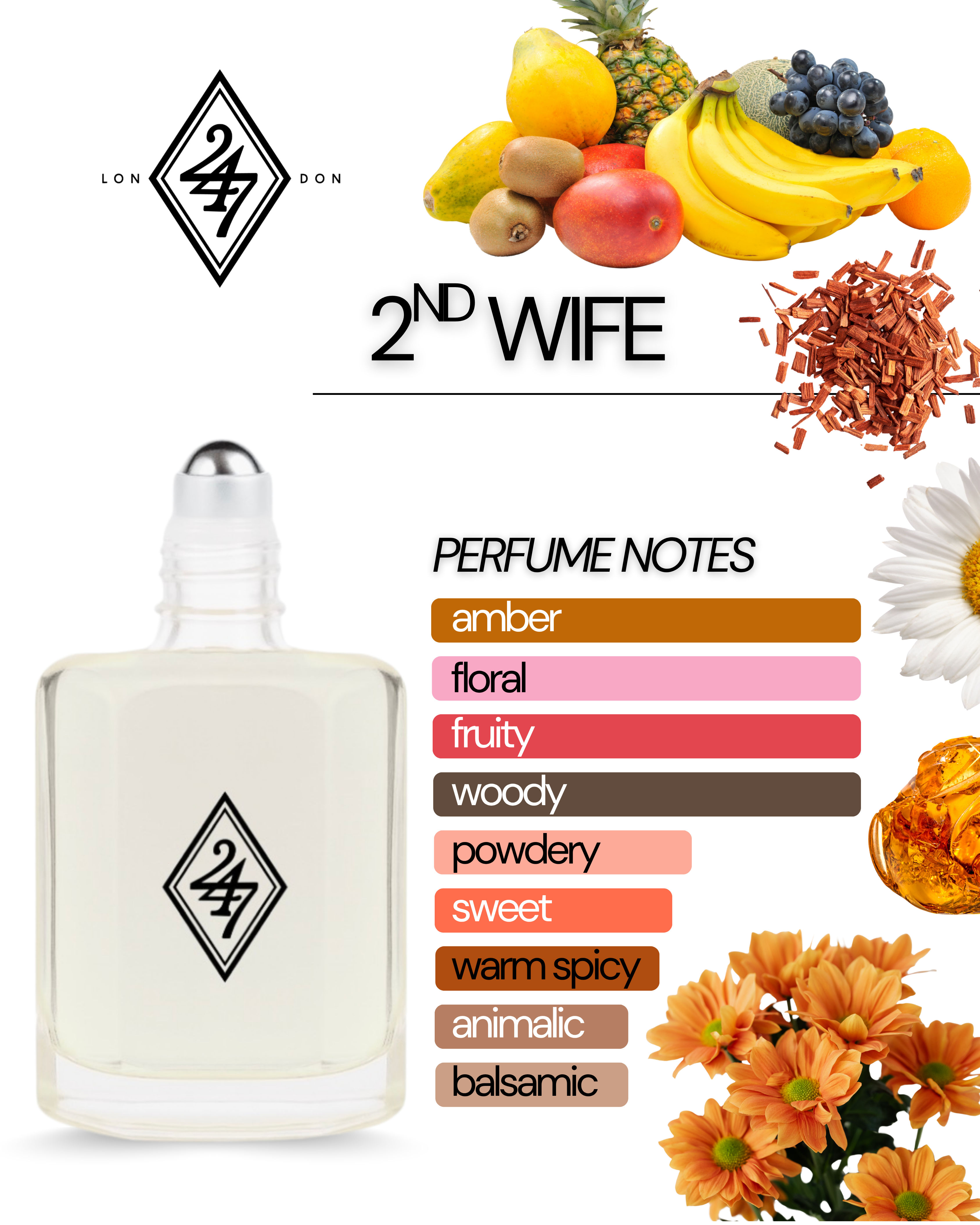 2nd Wife Fragrance Oil – Available in 3ml, 6ml, 12ml & 24ml. A fruity-floral blend with sandalwood & amber. Elegant, feminine & long-lasting.