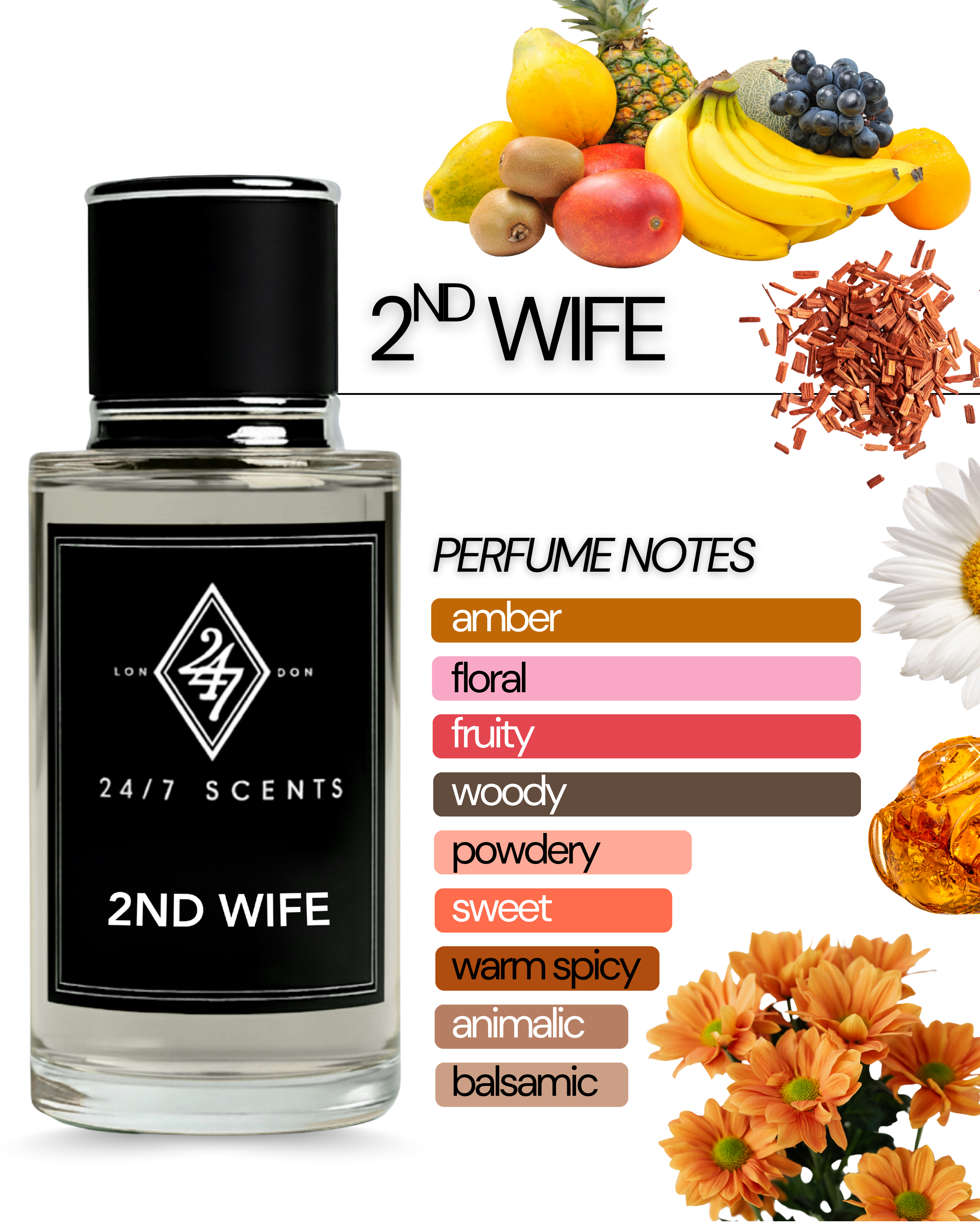 2nd Wife Eau de Parfum (50ml). A fruity-floral fragrance with sandalwood & amber. Elegant, feminine & long-lasting.