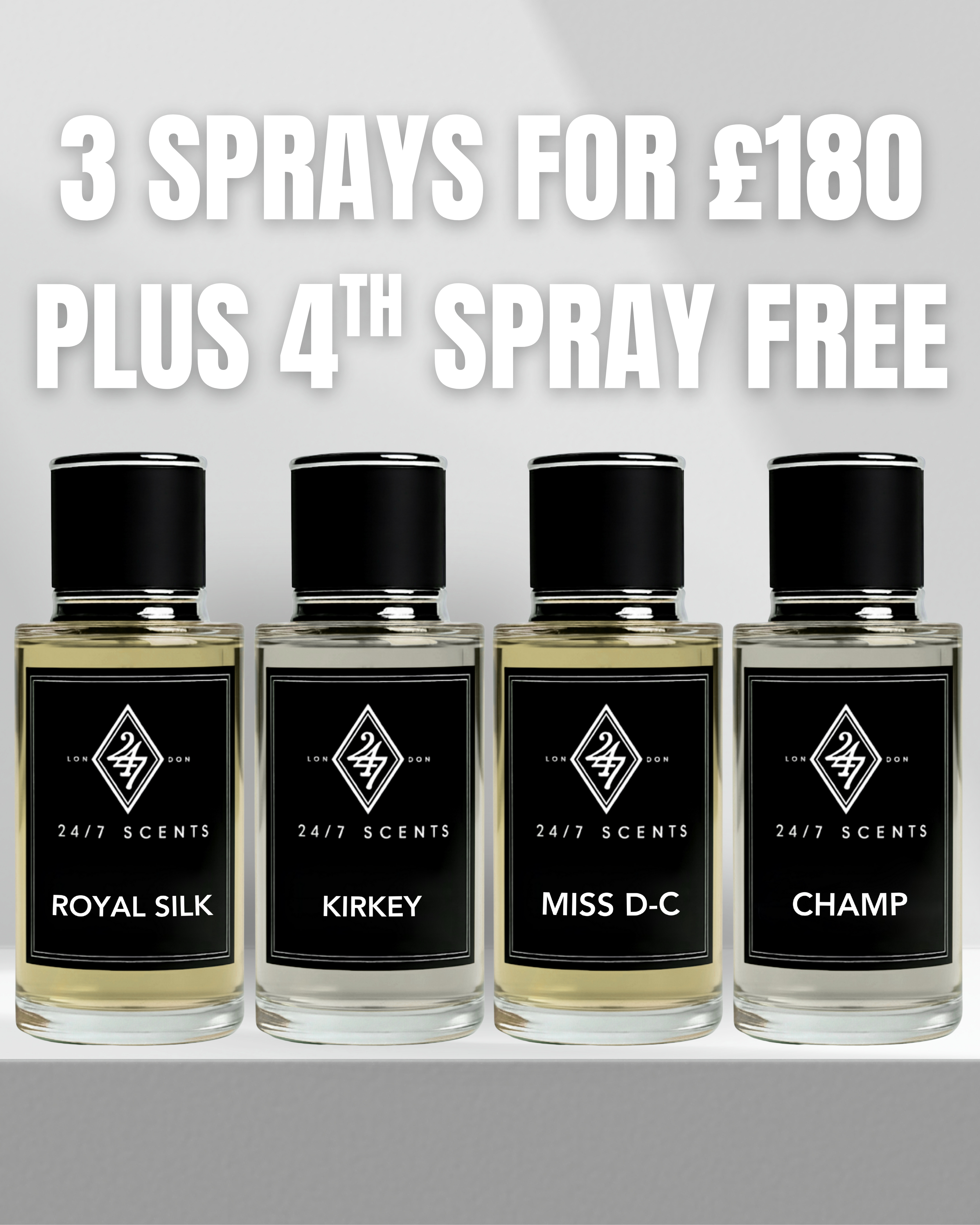 Luxury Fragrance Spray Bundle – Buy 3 for £180 and get a 4th spray free. Premium, long-lasting scents in elegant packaging. Perfect for gifting.