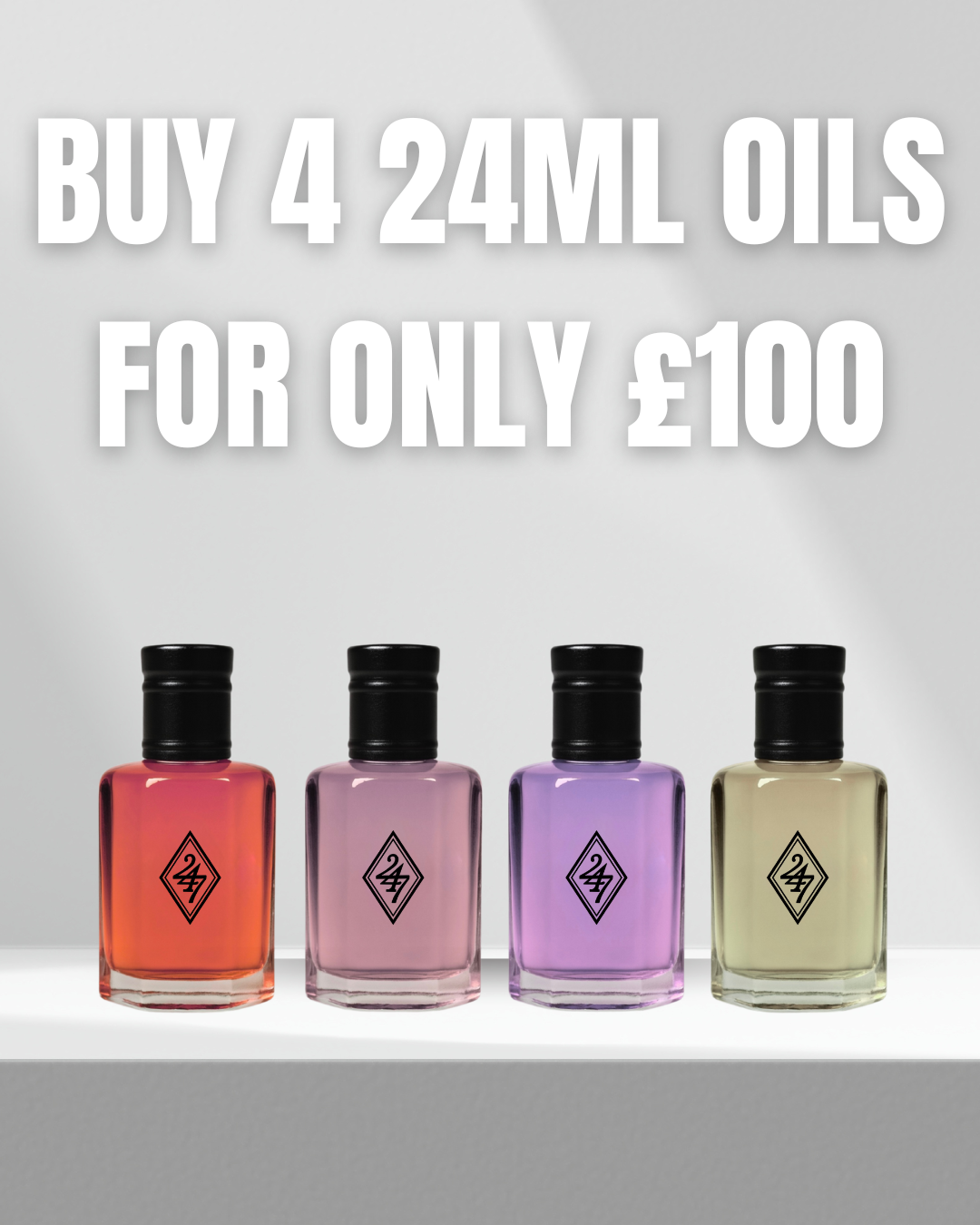 Luxury Fragrance Oil Bundle – Buy 4 x 24ml oils for £100. Premium, long-lasting scents at great value. Perfect for gifting or personal use.