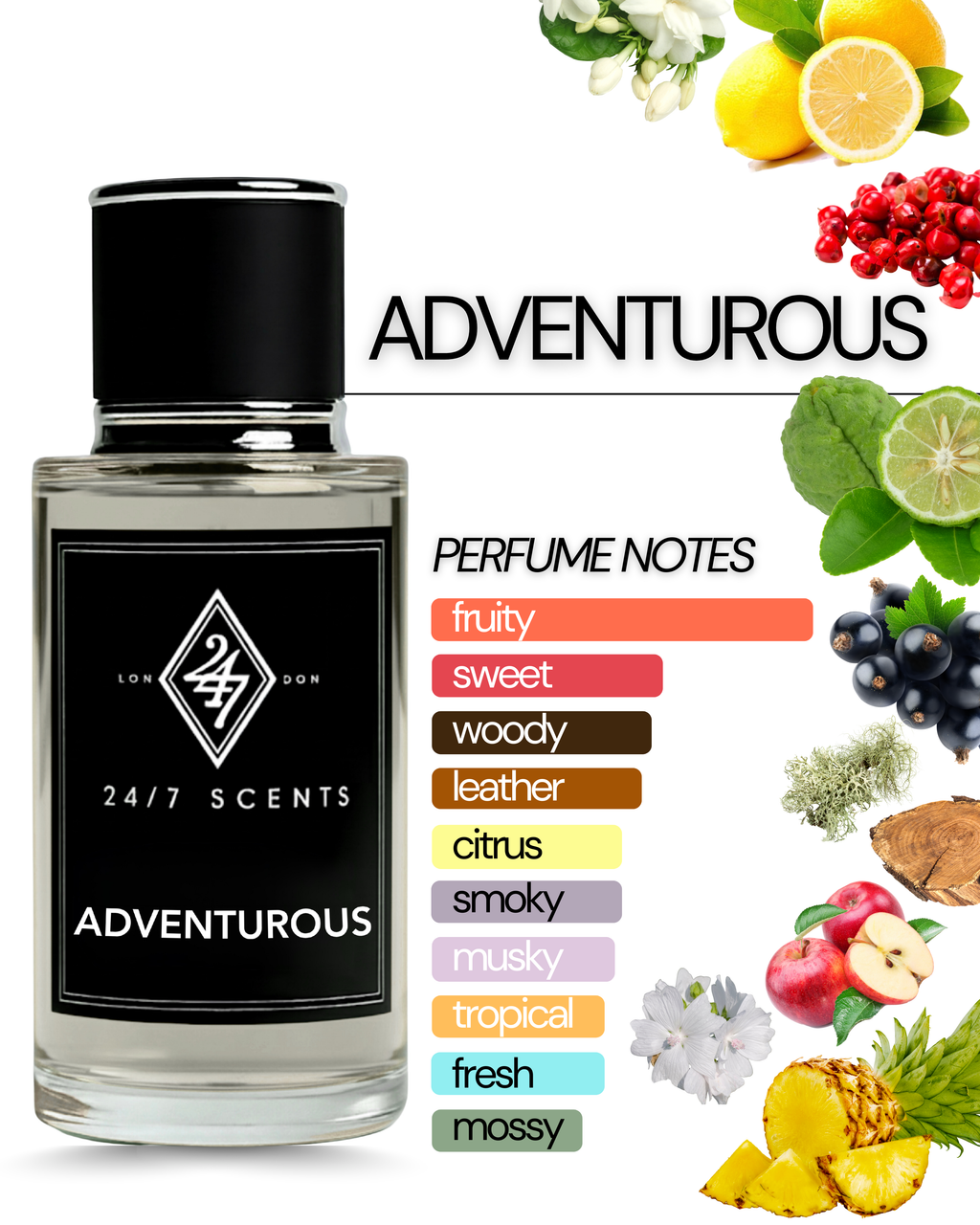 Adventurous Eau de Parfum (50ml). A bold citrus-woody fragrance with pineapple, patchouli & musk. Confident, modern & long-lasting.