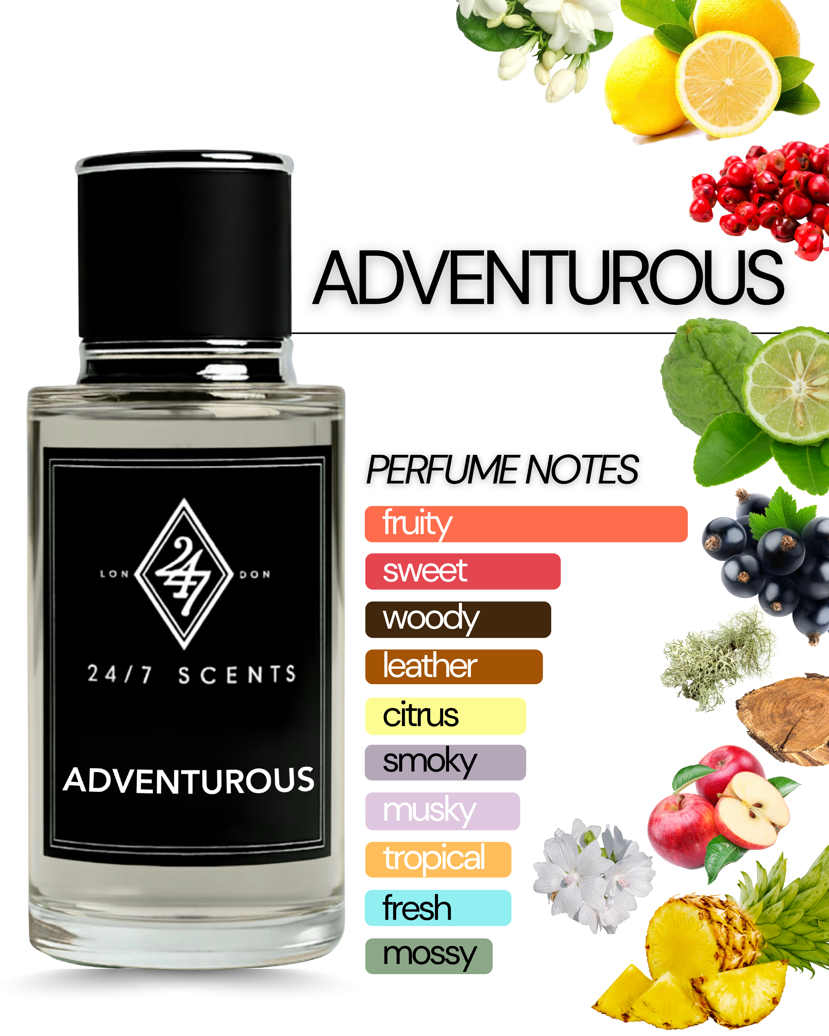 Adventurous Eau de Parfum (50ml). A bold citrus-woody fragrance with pineapple, patchouli & musk. Confident, modern & long-lasting.