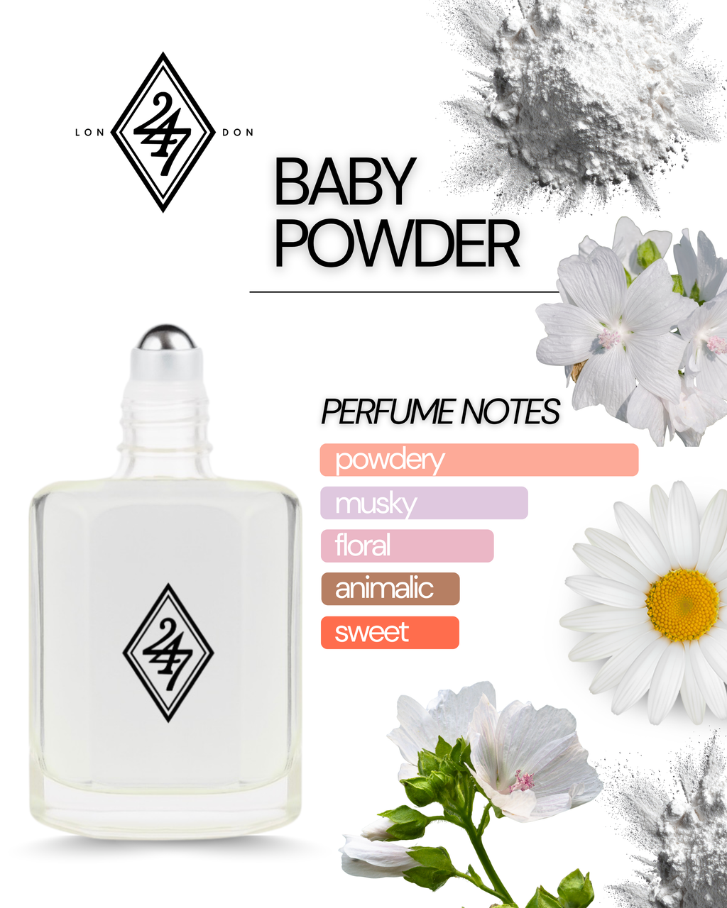 Baby Powder Perfume Oil – soft powdery fragrance with floral notes & musk. Long-lasting, alcohol-free, and gentle on skin. Available in 3ml, 6ml, 12ml & 24ml.
