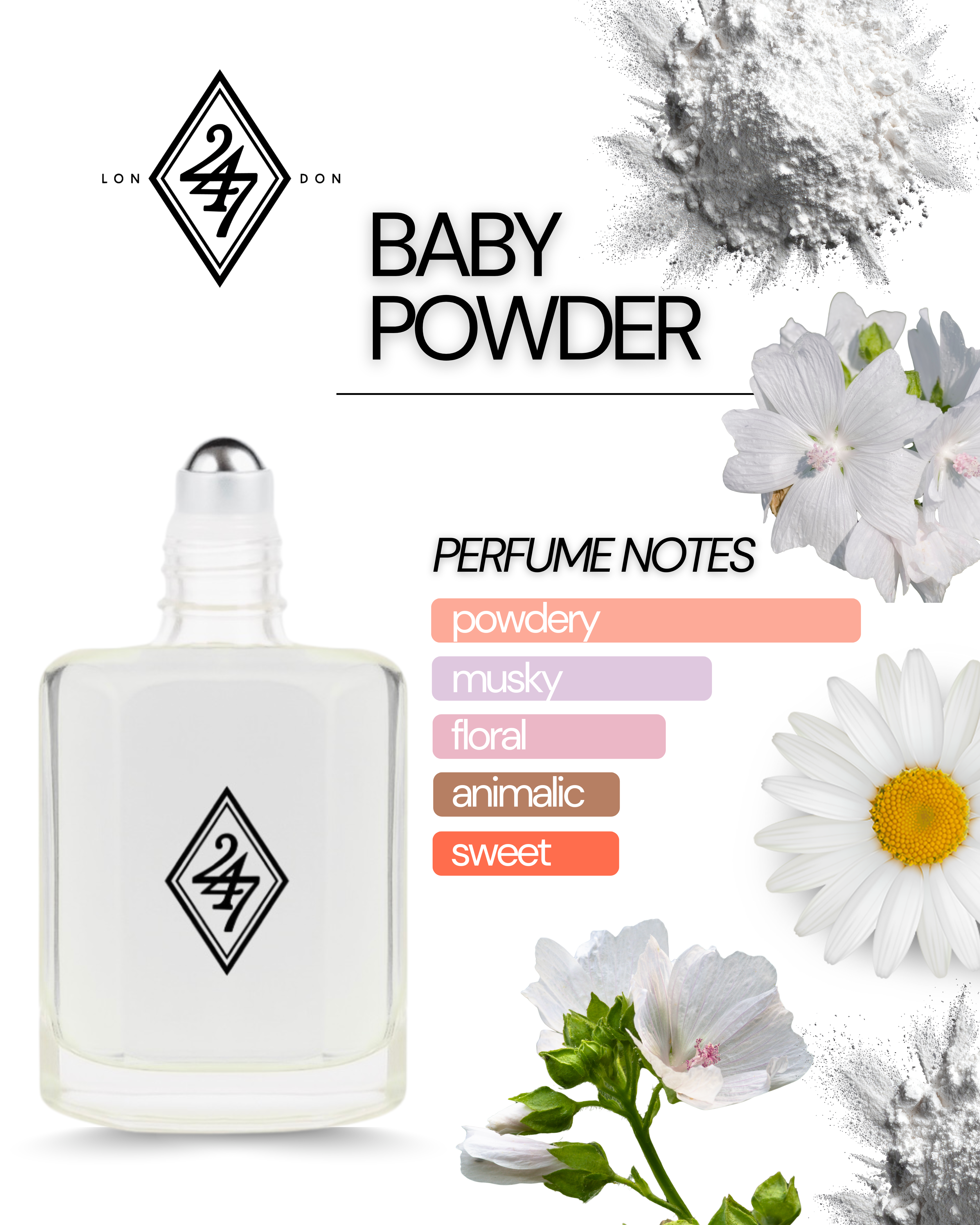 Baby Powder Perfume Oil – soft powdery fragrance with floral notes & musk. Long-lasting, alcohol-free, and gentle on skin. Available in 3ml, 6ml, 12ml & 24ml.