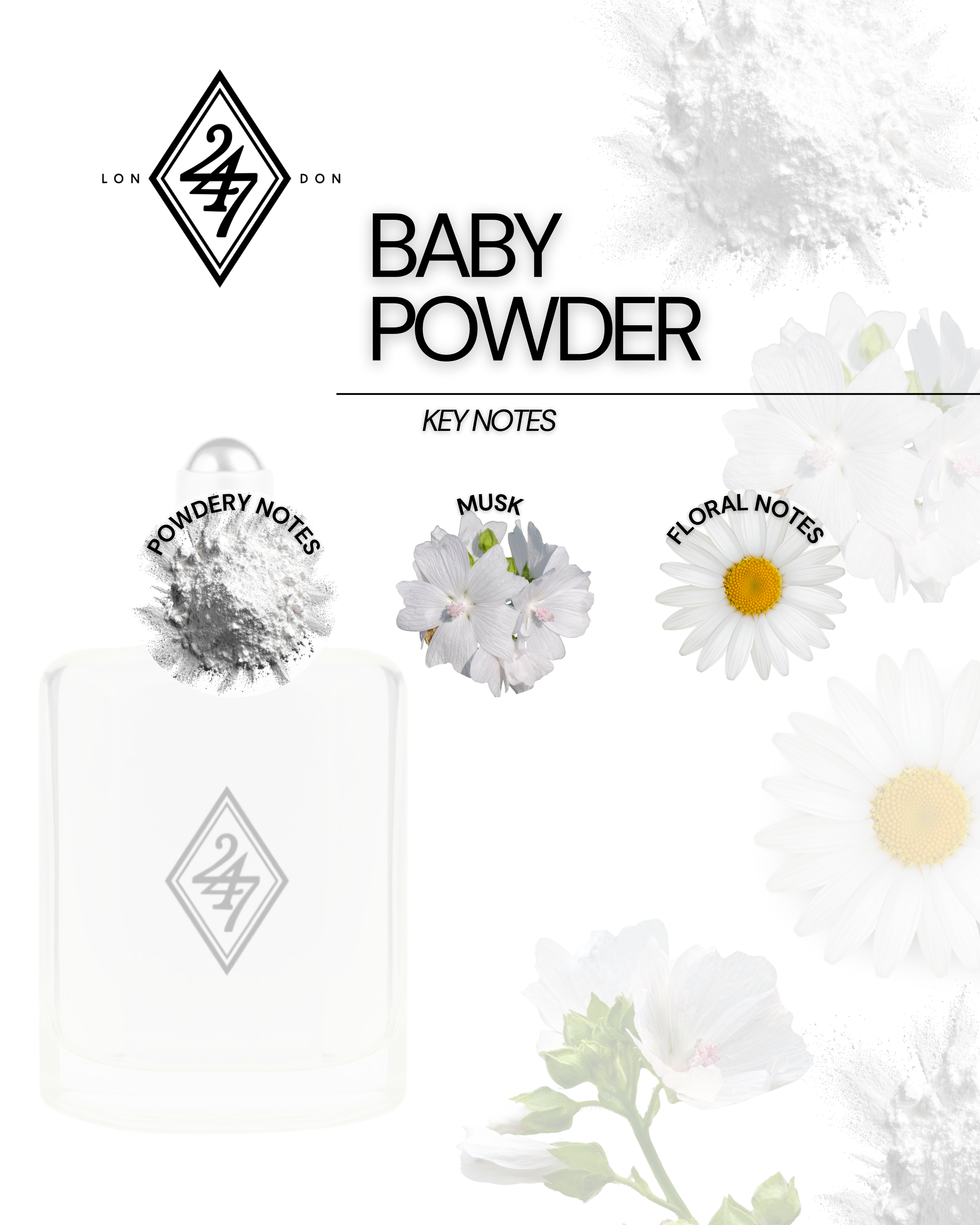 Baby Powder Perfume Oil – soft powdery fragrance with floral notes & musk. Long-lasting, alcohol-free, and gentle on skin. Available in 3ml, 6ml, 12ml & 24ml.