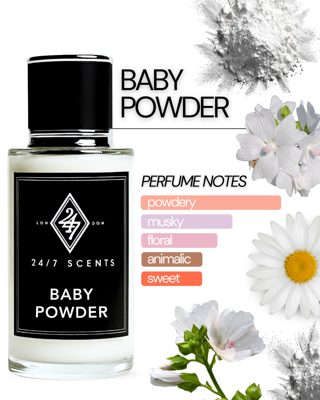 Baby Powder 50ml Perfume Spray – soft, powdery fragrance with floral notes & musk. Long-lasting, elegant, and perfect for everyday wear or gifting.