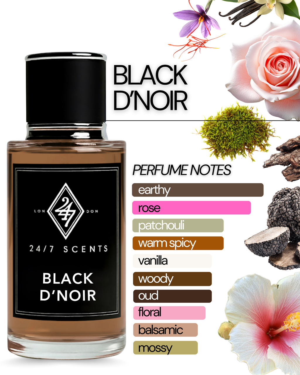 Black D’Noir 50ml Perfume – a dark, luxurious fragrance with saffron, truffle, black rose, vanilla & oud. Long-lasting Eau de Parfum for men and women