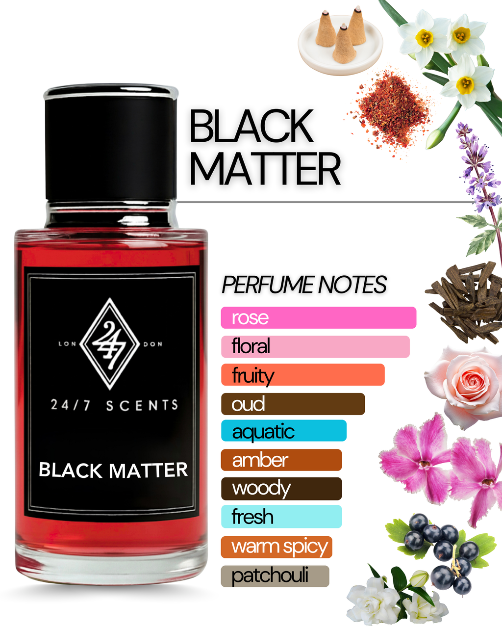 Black Matter Eau de Parfum (50ml). A bold fragrance with blackcurrant, rose, jasmine, oud, and incense. Dark, elegant, and long-lasting.