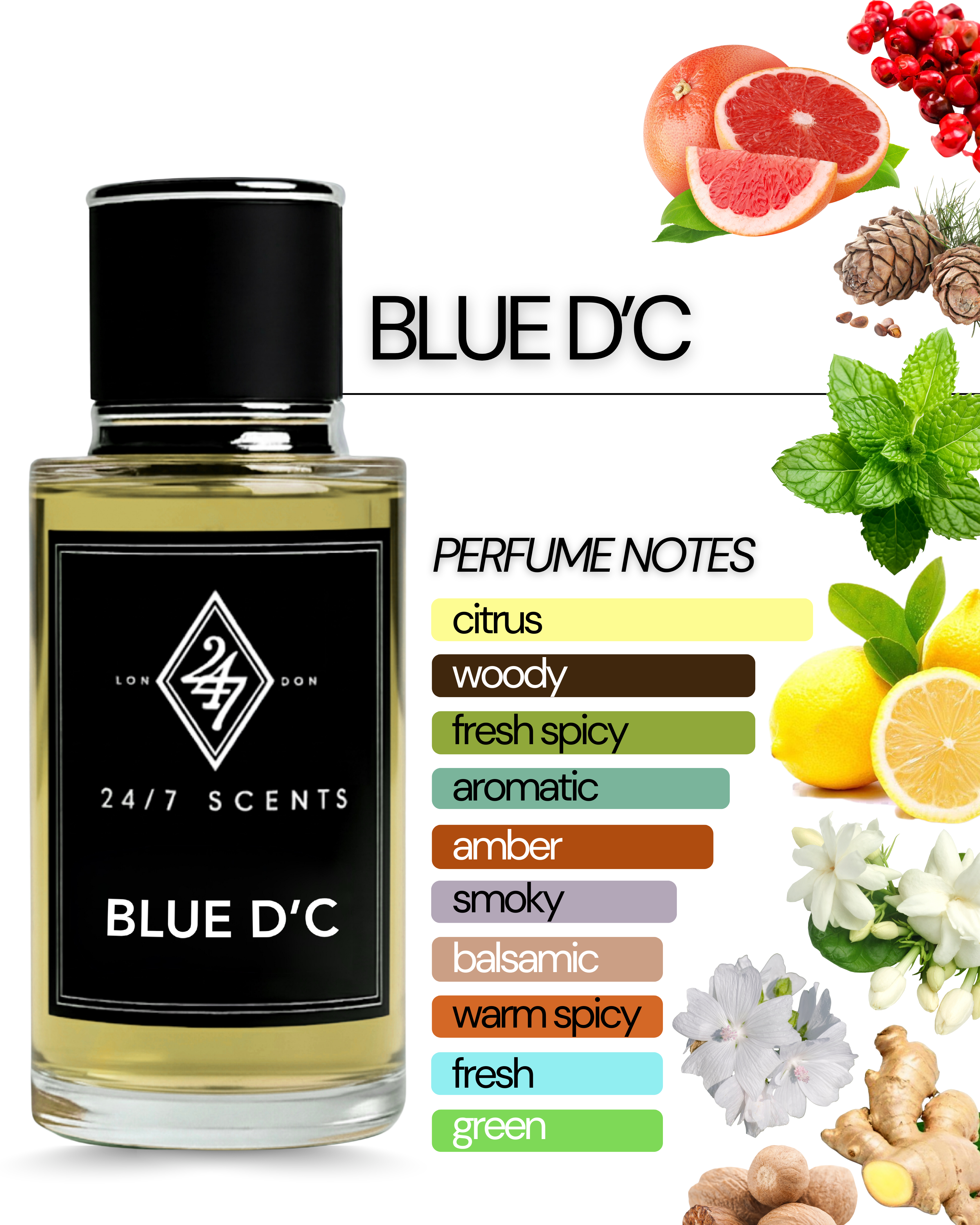 Blue D'C – a luxury fragrance with citrus, spice, and woody notes. Fresh, powerful, and long-lasting, perfect for everyday wear or special occasions.