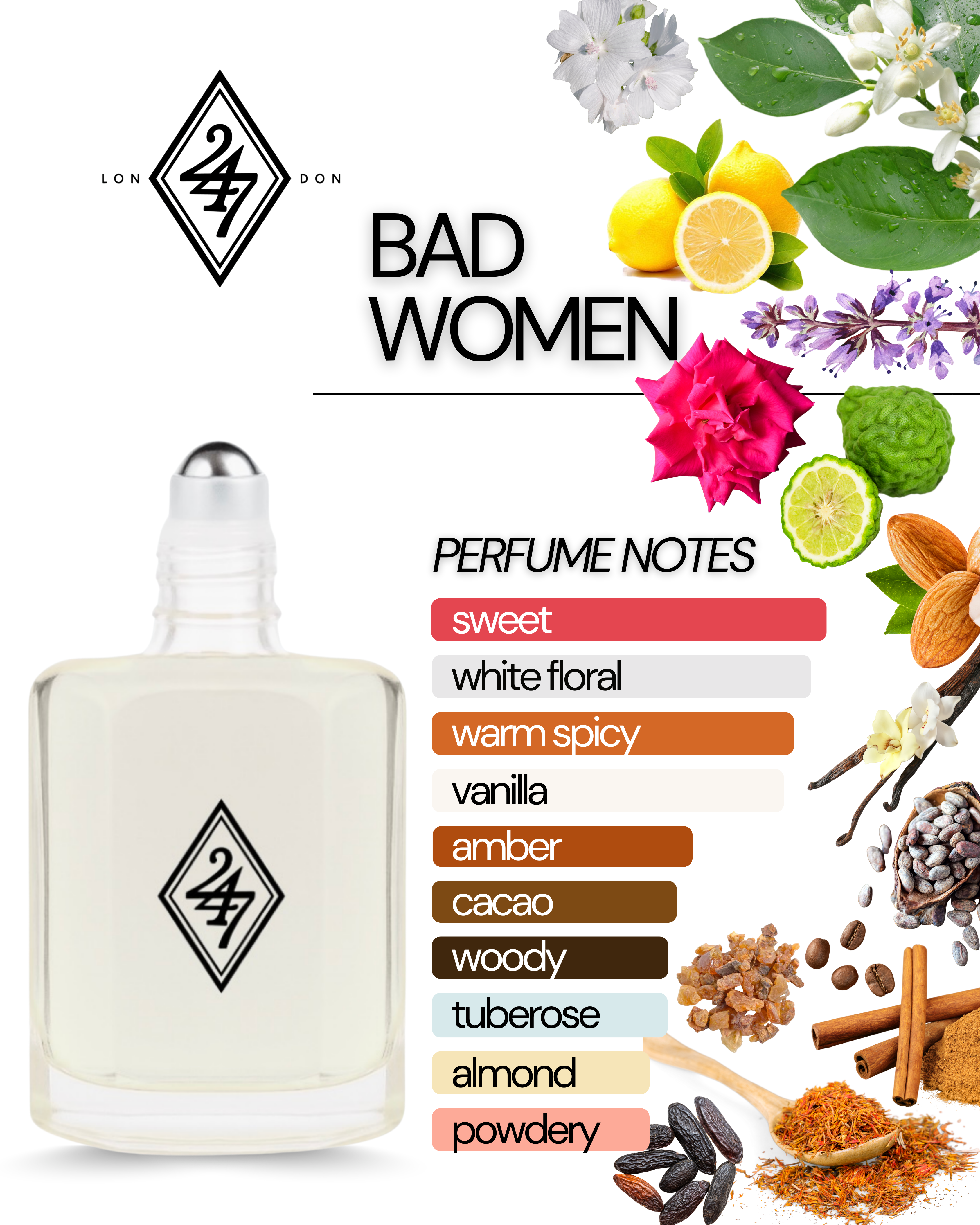 Bad Women Perfume Oil – Alcohol-free, long-lasting fragrance oil with almond, coffee &amp; bergamot, a floral heart of rose, jasmine &amp; tuberose, and a sensual base of vanilla, tonka bean, sandalwood &amp; musk. Available in 3ml, 6ml, 12ml &amp; 24ml.