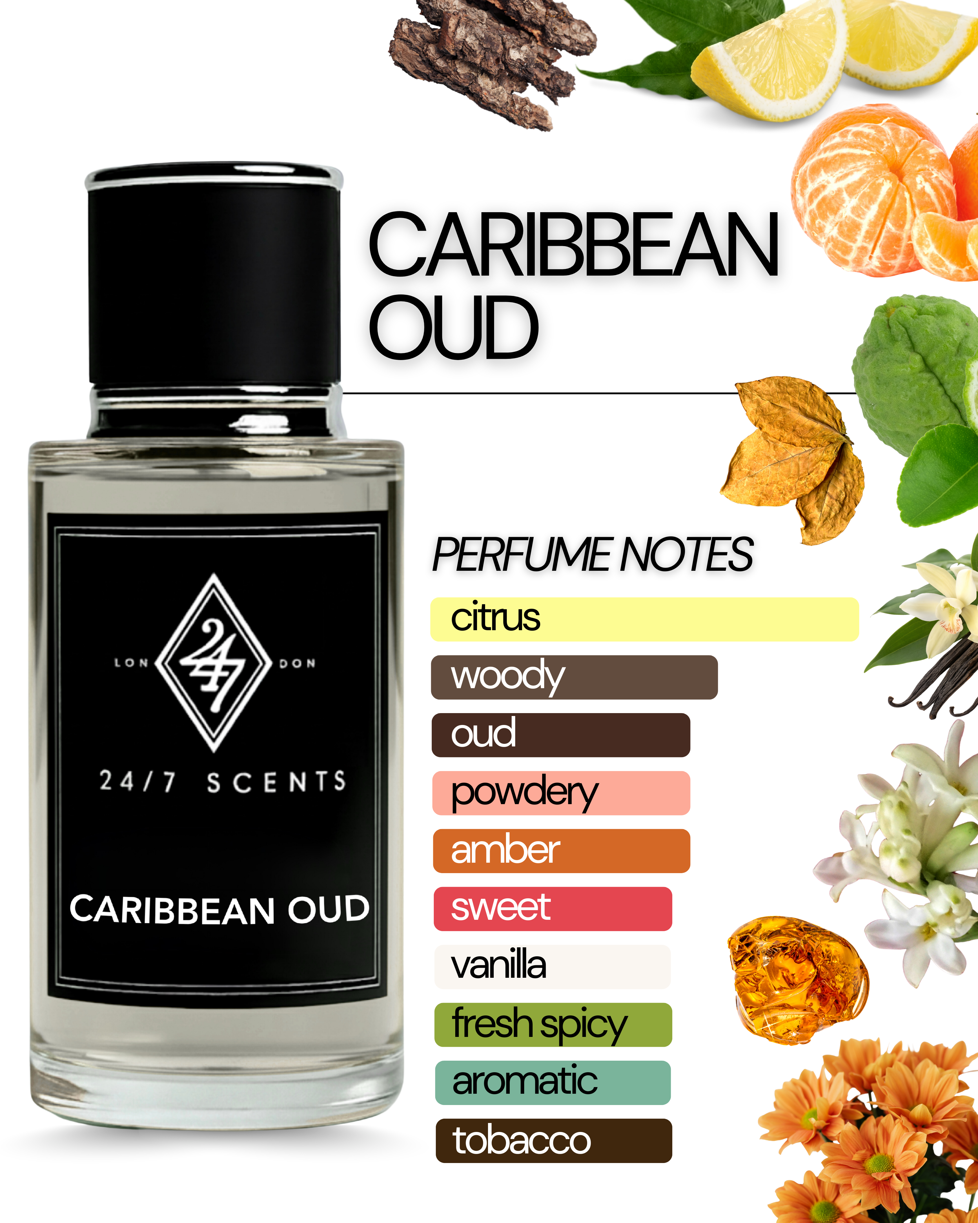 Caribbean Oud Eau de Parfum (50ml). A tropical oud blend with citrus, sandalwood, vanilla & amber. Luxurious, warm & long-lasting unisex fragrance.