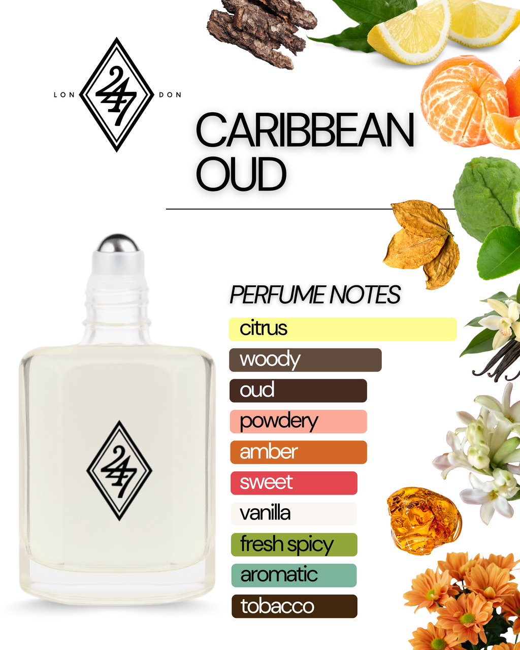 Caribbean Oud Fragrance Oil – Available in 3ml, 6ml, 12ml & 24ml. A tropical oud blend with citrus, vanilla & amber. Luxurious, warm & long-lasting.