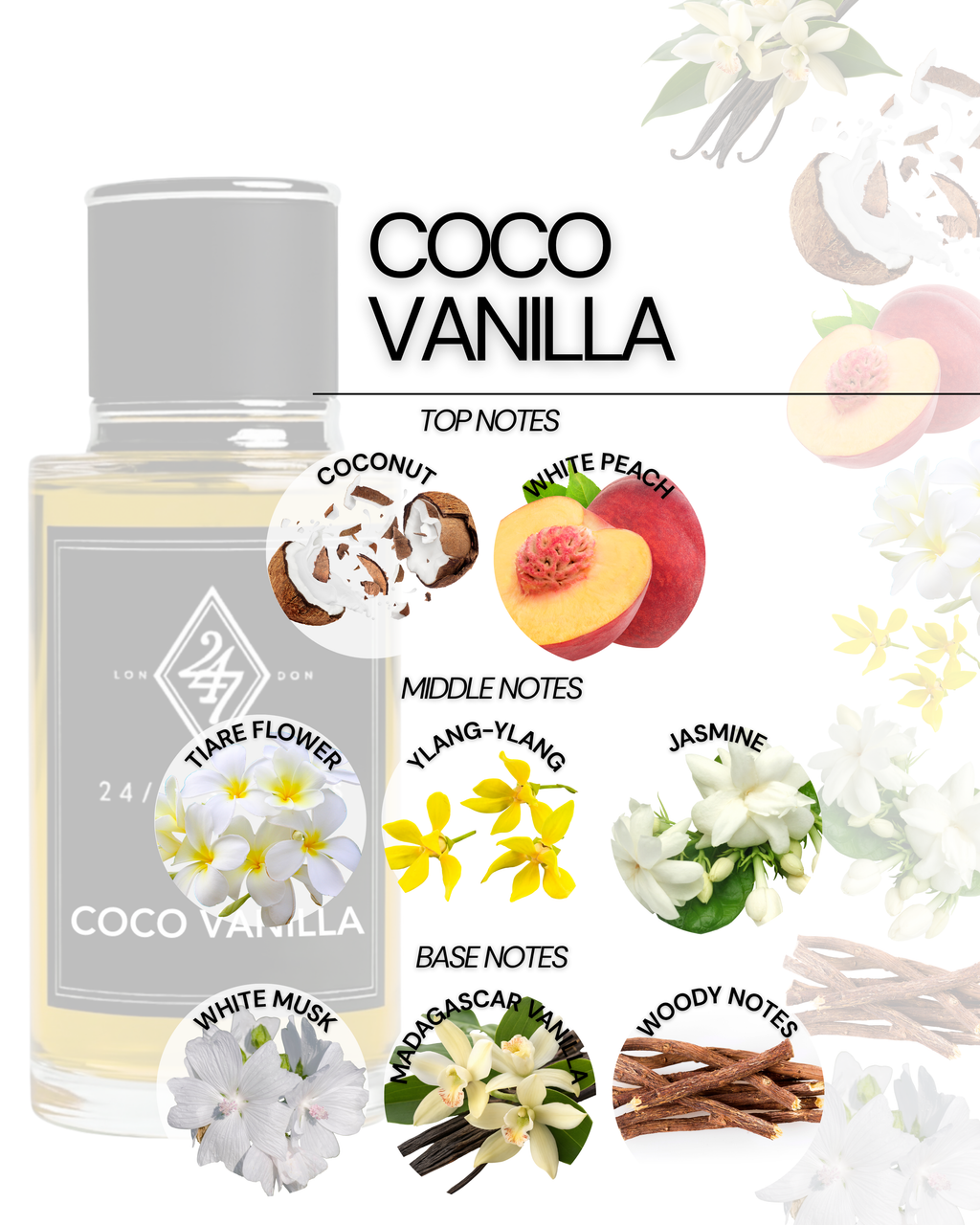 Coco Vanilla – a luxury fragrance with coconut, peach, jasmine, and vanilla. Exotic, sweet, and long-lasting, perfect for everyday wear or special occasions.”