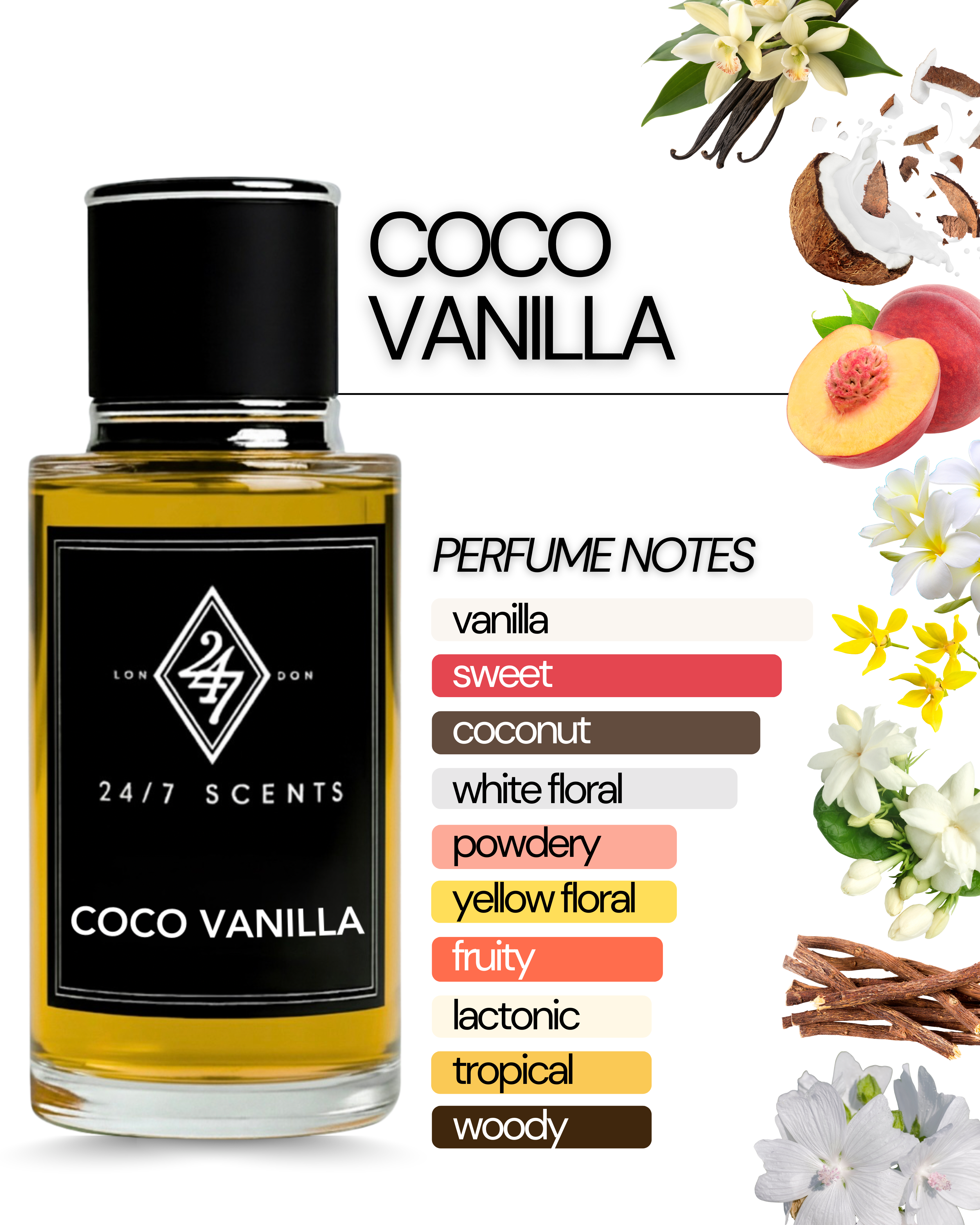 Coco Vanilla – a luxury fragrance with coconut, peach, jasmine, and vanilla. Exotic, sweet, and long-lasting, perfect for everyday wear or special occasions.