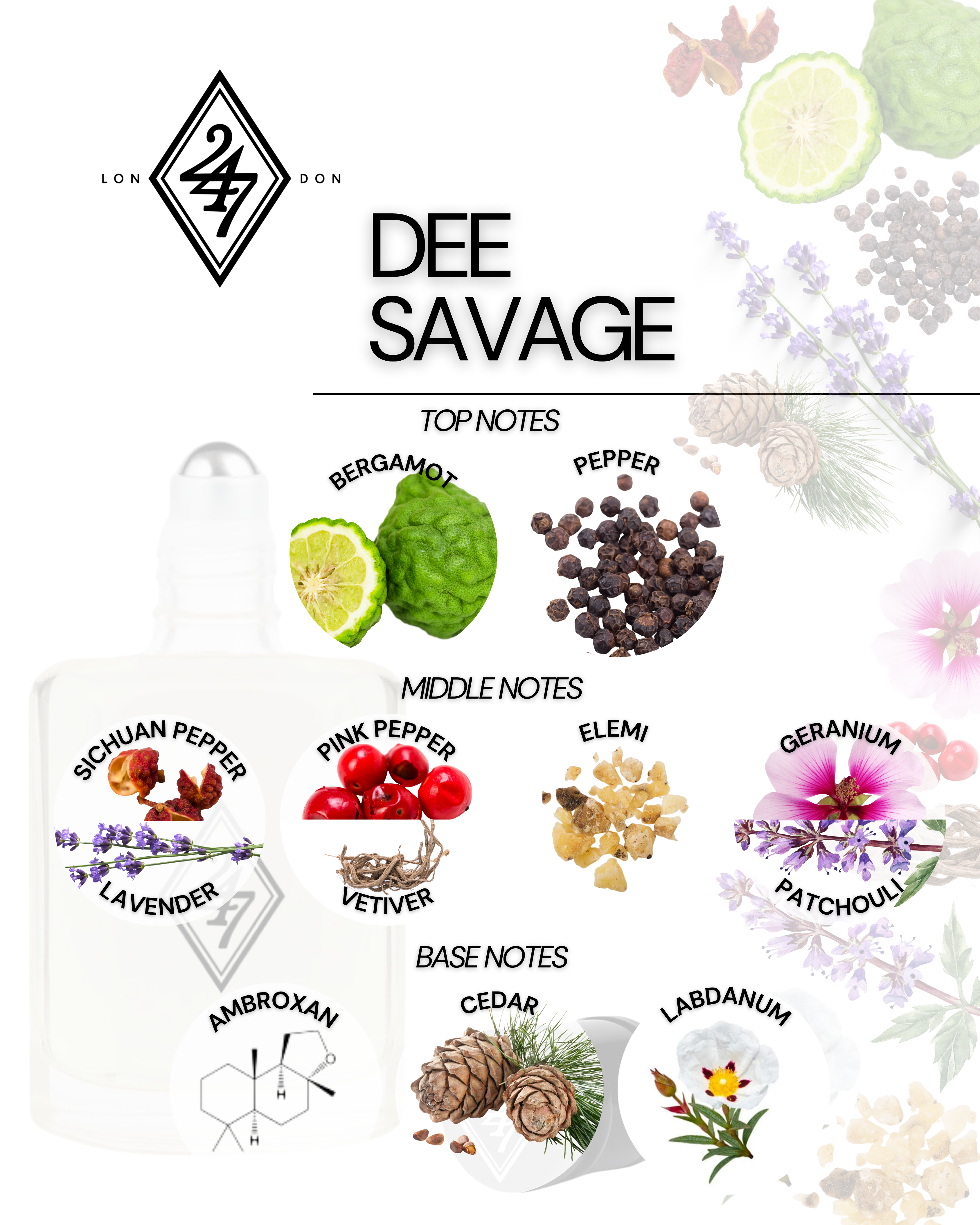 Dee Savage Perfume Oil – Alcohol-free, long-lasting fragrance oil with bergamot & pepper, a spicy-aromatic heart of Sichuan pepper, lavender & patchouli, and a woody base of ambroxan, cedar & labdanum. Available in 3ml, 6ml, 12ml & 24ml.