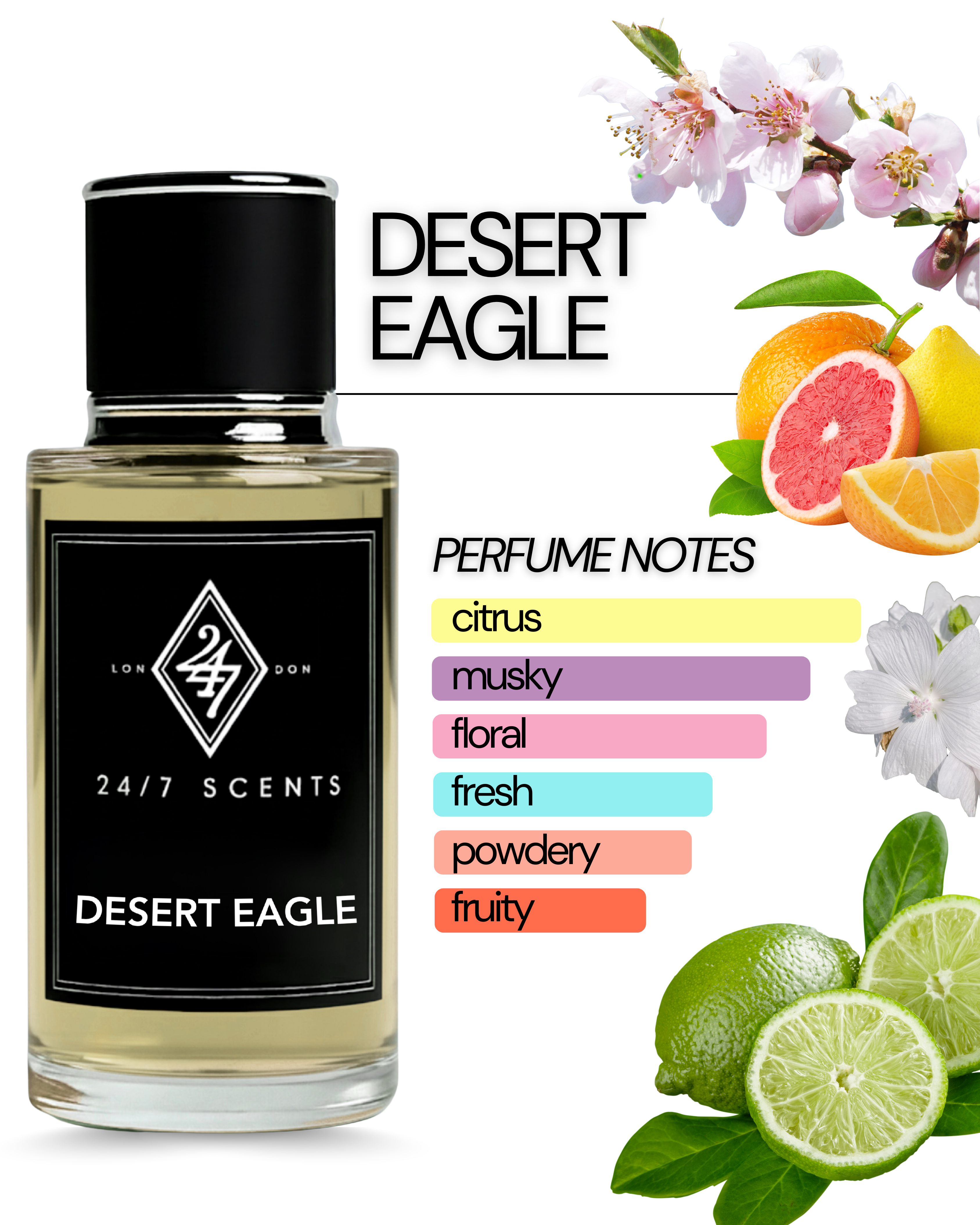 Desert Eagle 50ml Perfume – a fresh, citrus fragrance with lime, apple blossom & musk. Long-lasting Eau de Parfum with clean, modern elegance.