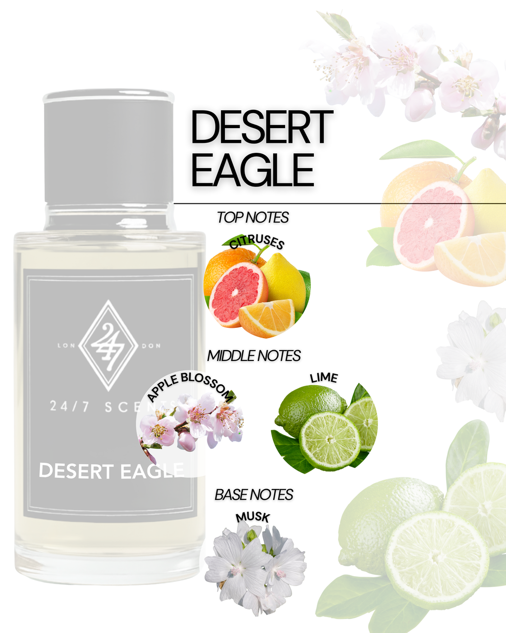 Desert Eagle 50ml Perfume – a fresh, citrus fragrance with lime, apple blossom & musk. Long-lasting Eau de Parfum with clean, modern elegance.