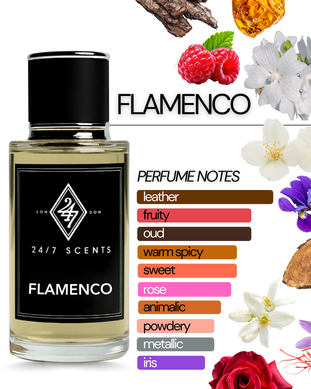 Flamenco Eau de Parfum (50ml). A luxurious oud fragrance with saffron, rose, and leather. Elegant, warm & long-lasting unisex scent.