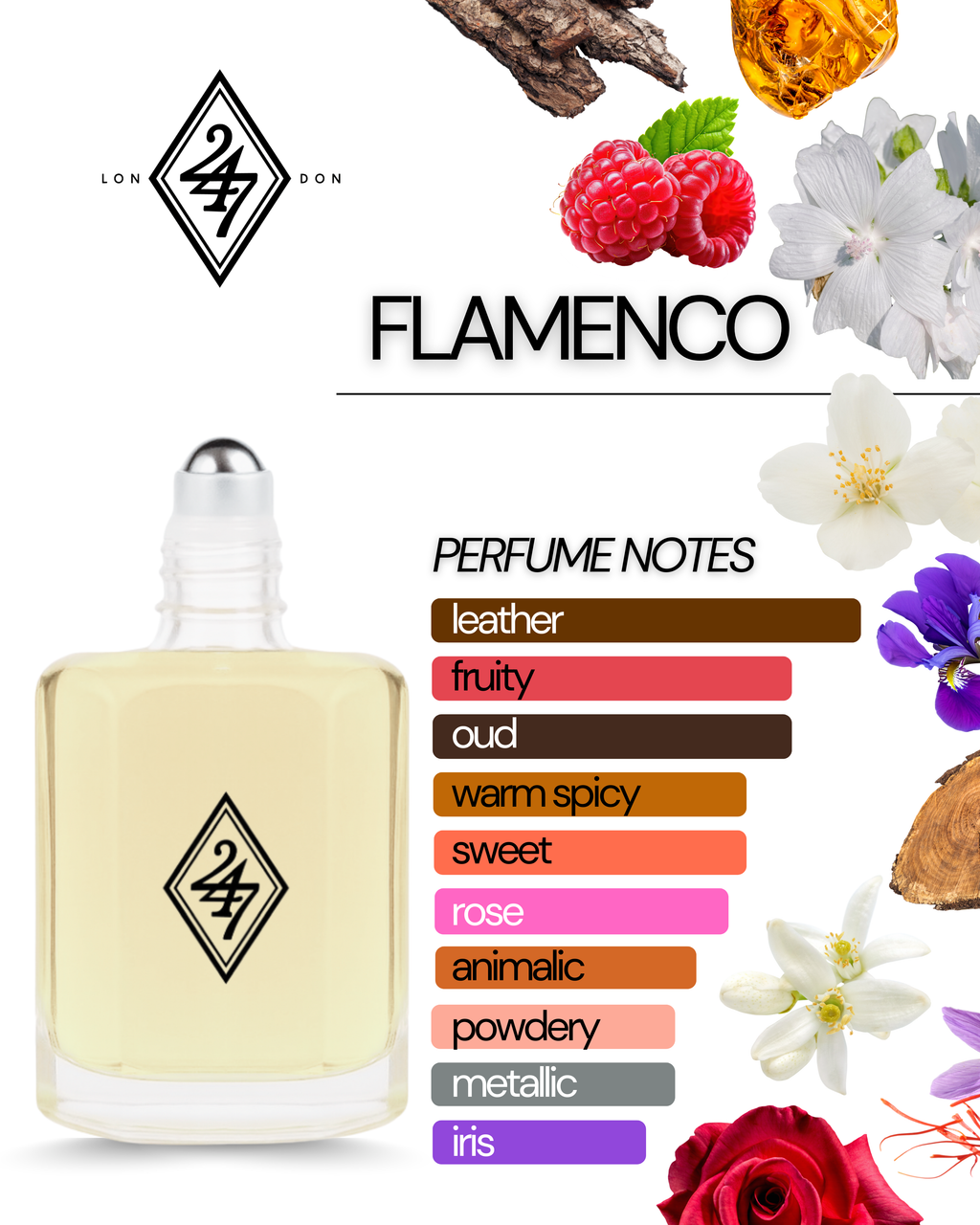Flamenco Fragrance Oil – Available in 3ml, 6ml, 12ml & 24ml. A luxurious blend of saffron, rose, oud & leather. Elegant, warm & long-lasting.