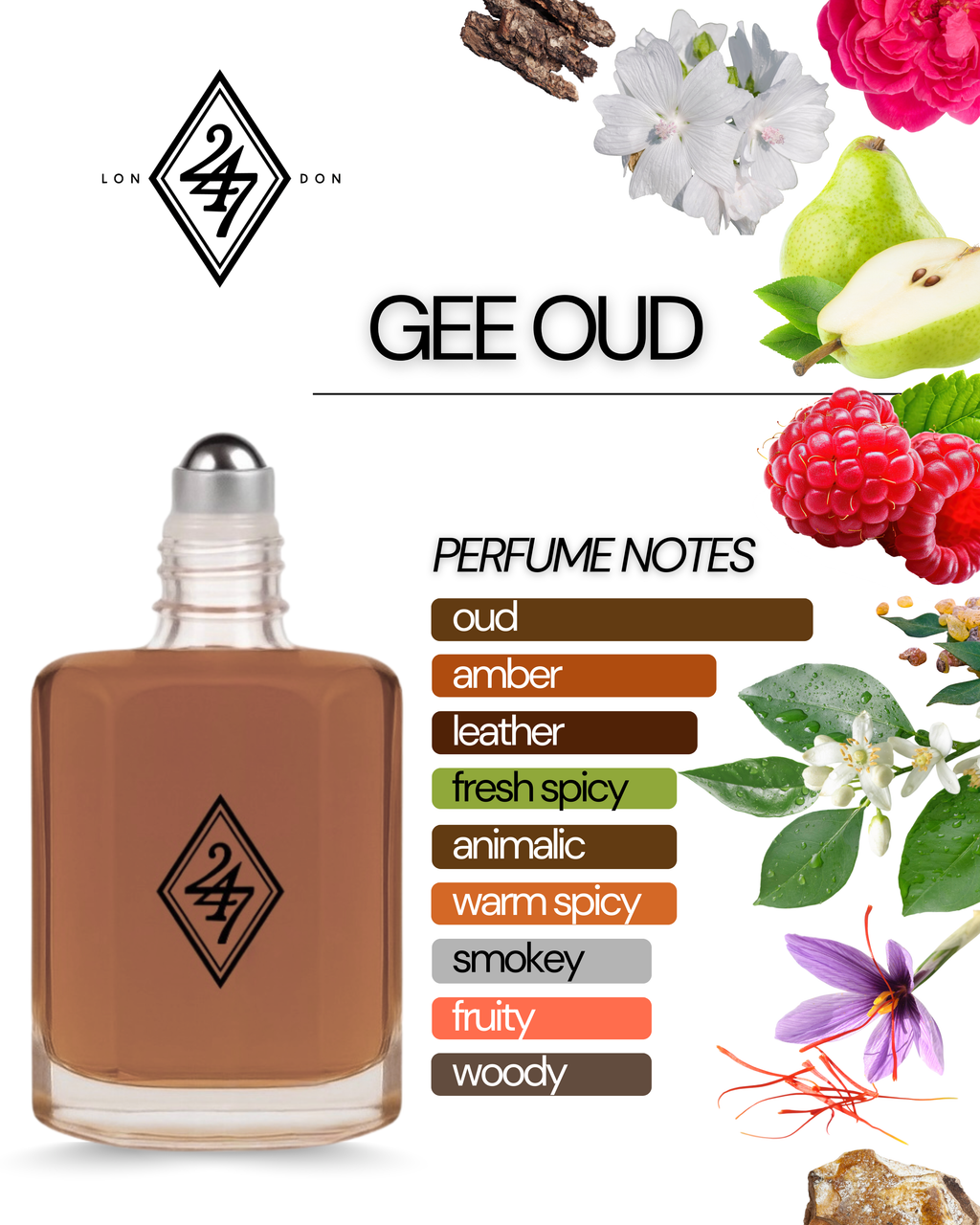 Gee Oud Fragrance Oil – Available in 3ml, 6ml, 12ml & 24ml. A luxurious oud oil with raspberry, rose, ambergris & leather. Bold, elegant & long-lasting.