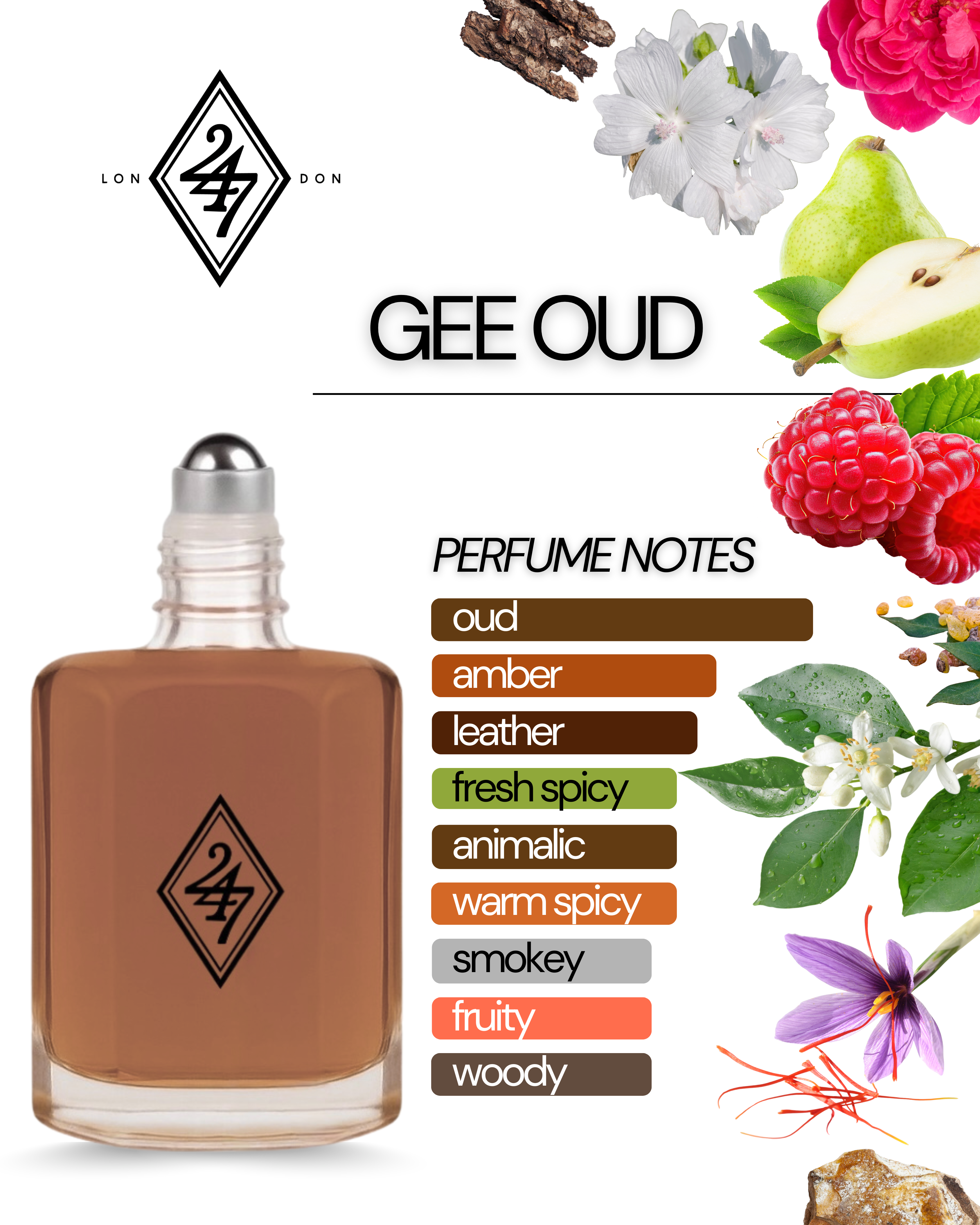 Gee Oud Fragrance Oil – Available in 3ml, 6ml, 12ml & 24ml. A luxurious oud oil with raspberry, rose, ambergris & leather. Bold, elegant & long-lasting.