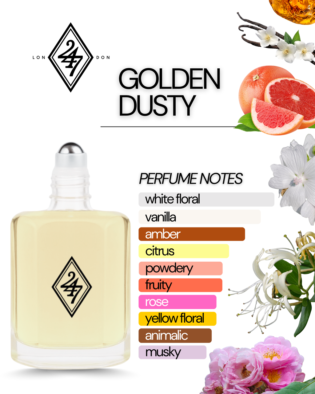 Golden Dusty Fragrance Oil – Available in 3ml, 6ml, 12ml & 24ml. A luminous blend of grapefruit, rose, amber & vanilla. Elegant, refined & long-lasting.