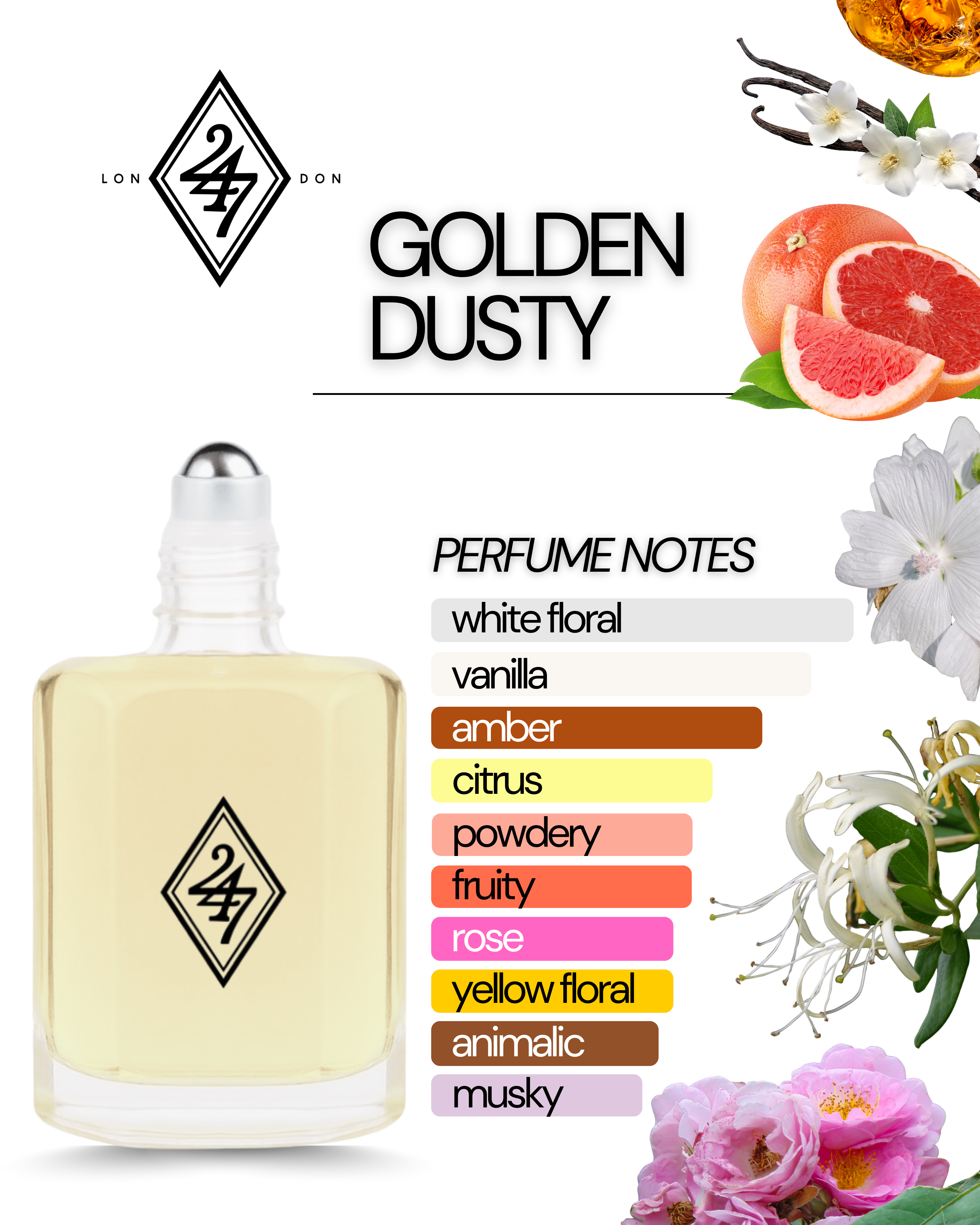 Golden Dusty Fragrance Oil – Available in 3ml, 6ml, 12ml & 24ml. A luminous blend of grapefruit, rose, amber & vanilla. Elegant, refined & long-lasting.