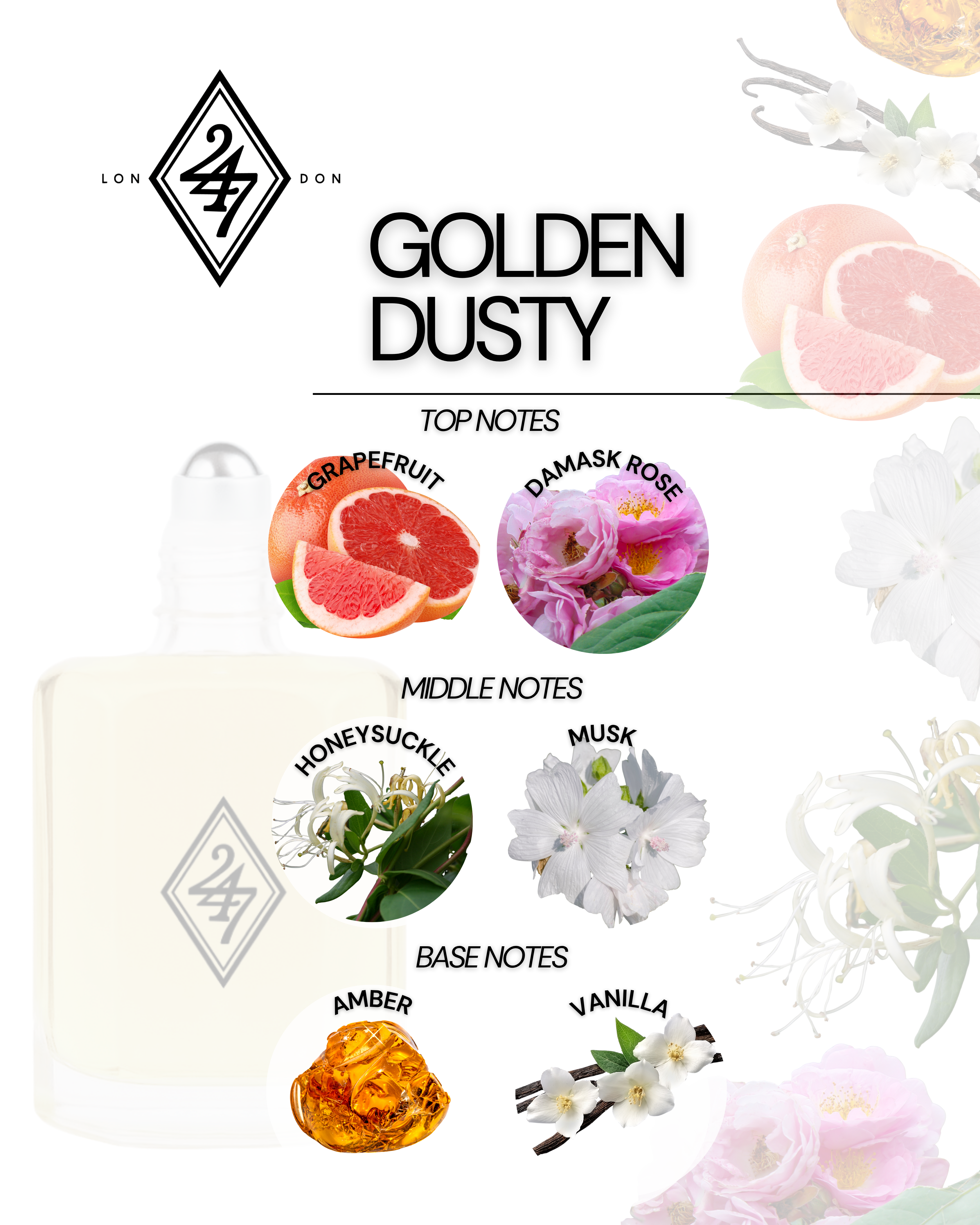 Golden Dusty Fragrance Oil – Available in 3ml, 6ml, 12ml & 24ml. A luminous blend of grapefruit, rose, amber & vanilla. Elegant, refined & long-lasting.