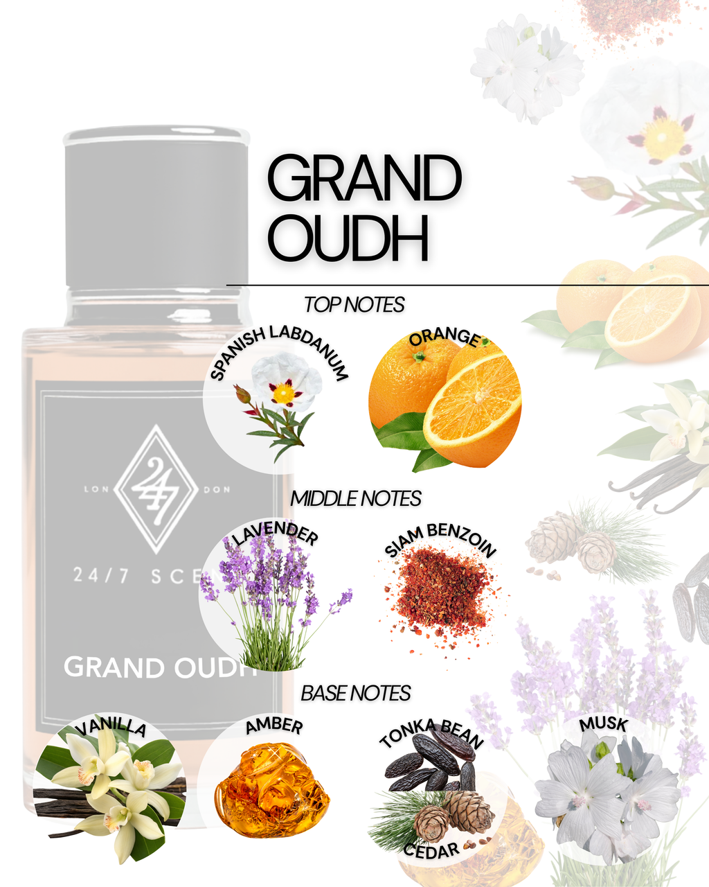 Grand Oudh Eau de Parfum (50ml). A unisex fragrance with labdanum, lavender, amber, and oud depth. Elegant, refined, and long-lasting.