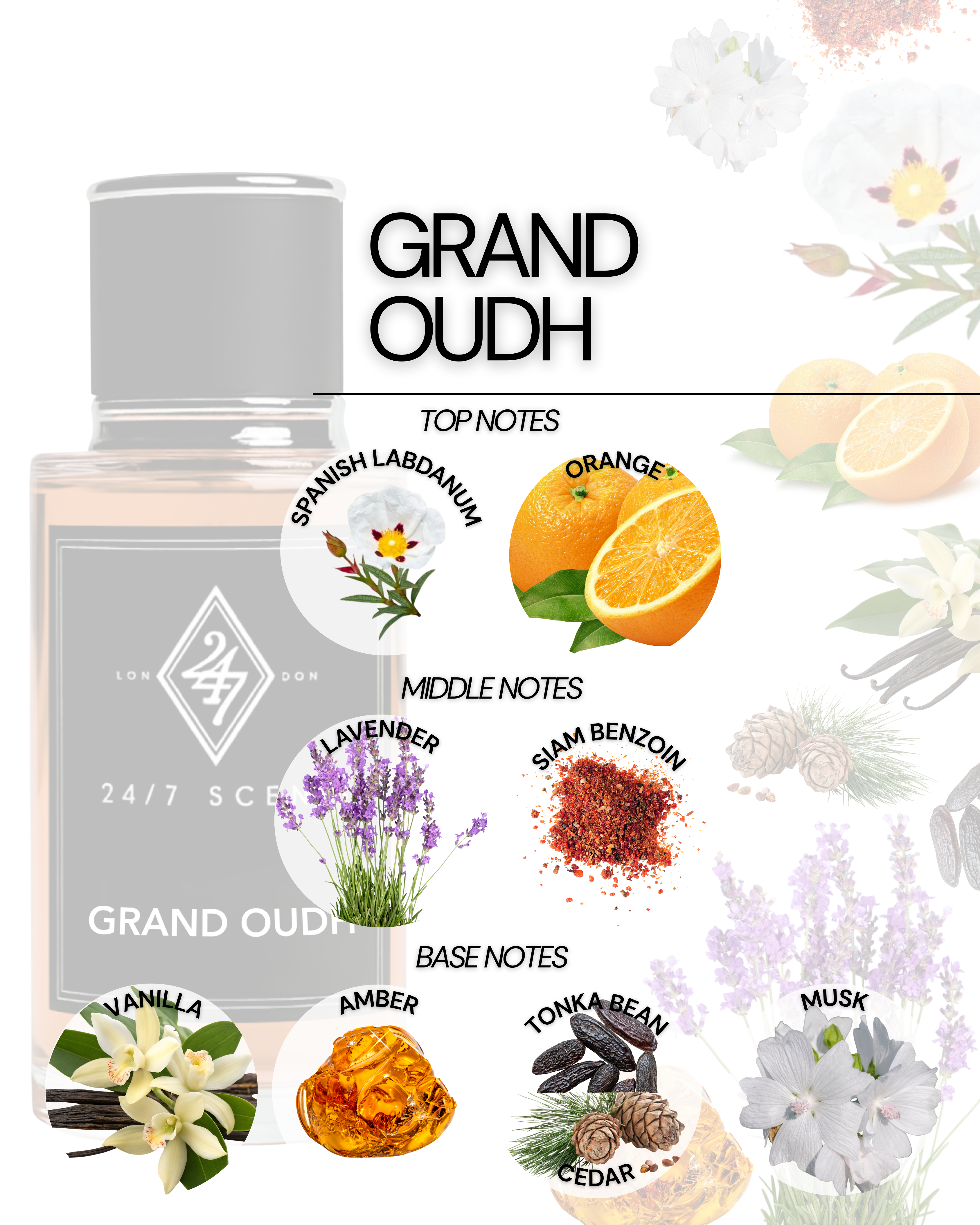 Grand Oudh Eau de Parfum (50ml). A unisex fragrance with labdanum, lavender, amber, and oud depth. Elegant, refined, and long-lasting.