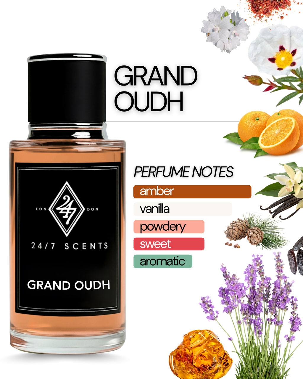 Grand Oudh Eau de Parfum (50ml). A unisex fragrance with labdanum, lavender, amber, and oud depth. Elegant, refined, and long-lasting.