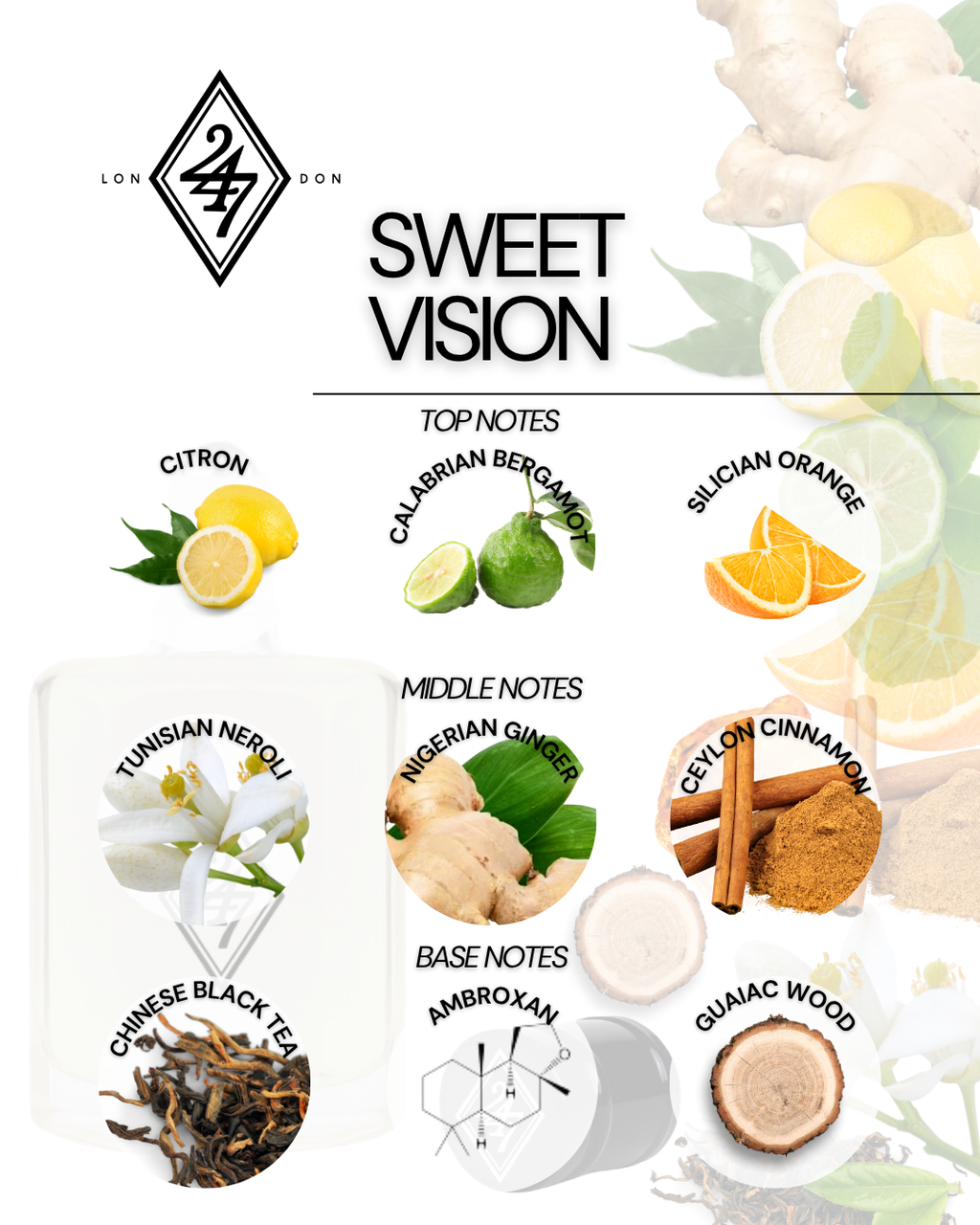 Sweet Vision Perfume Oil – Alcohol-free, long-lasting fragrance oil with citron, bergamot & Sicilian orange, spiced with neroli, ginger & cinnamon, over a base of black tea, ambroxan & guaiac wood. Available in 3ml, 6ml, 12ml & 24ml sizes.