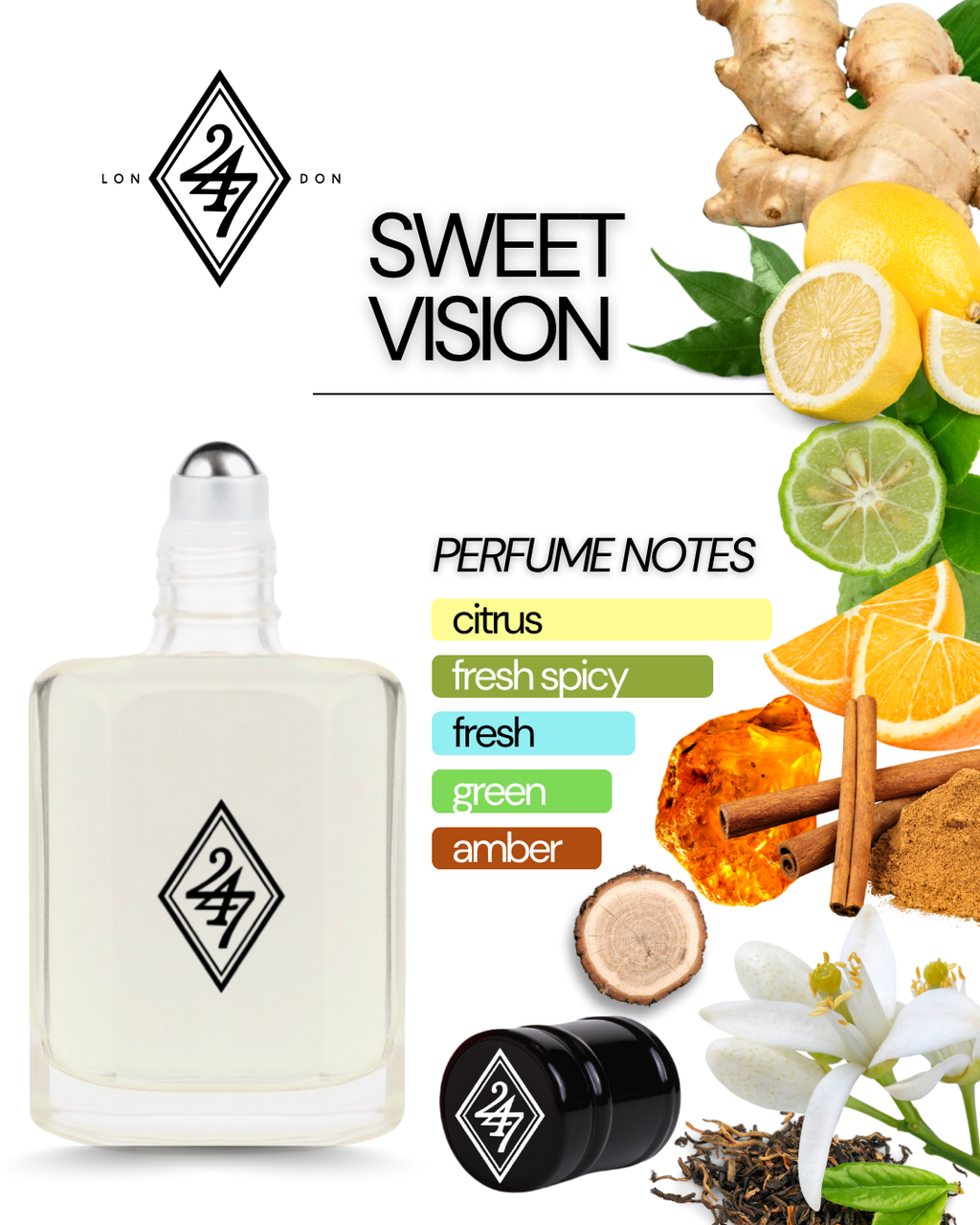 Sweet Vision Perfume Oil – Alcohol-free, long-lasting fragrance oil with citron, bergamot & Sicilian orange, spiced with neroli, ginger & cinnamon, over a base of black tea, ambroxan & guaiac wood. Available in 3ml, 6ml, 12ml & 24ml sizes.
