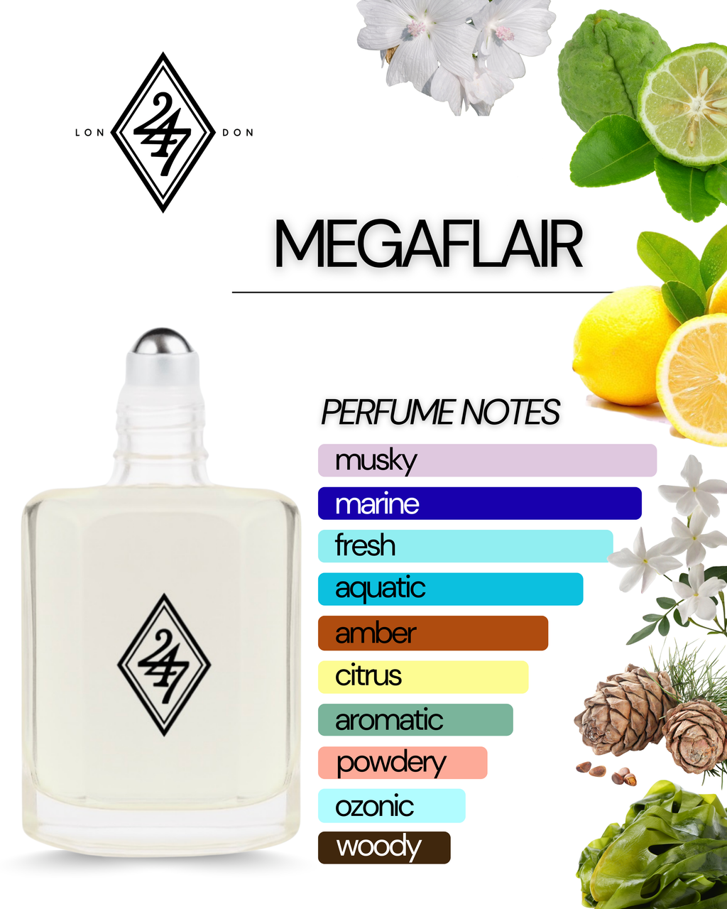 Megaflair Fragrance Oil – Available in 3ml, 6ml, 12ml & 24ml. A fresh aquatic oil with bergamot, seaweed & musk. Bold, modern & long-lasting.