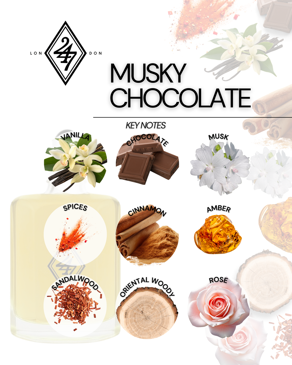Musky Chocolate Fragrance Oil – Available in 3ml, 6ml, 12ml & 24ml. A sweet blend of chocolate, vanilla, musk & woods. Warm, elegant & long-lasting.