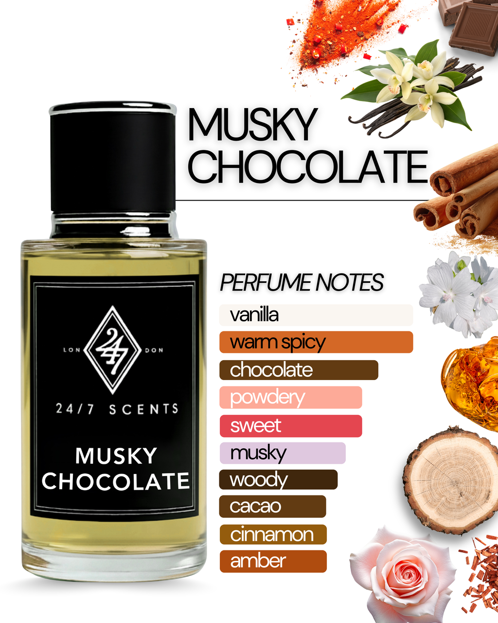 Musky Chocolate Eau de Parfum (50ml). A gourmand fragrance with chocolate, vanilla, musk, and spices. Sweet, warm, and long-lasting.