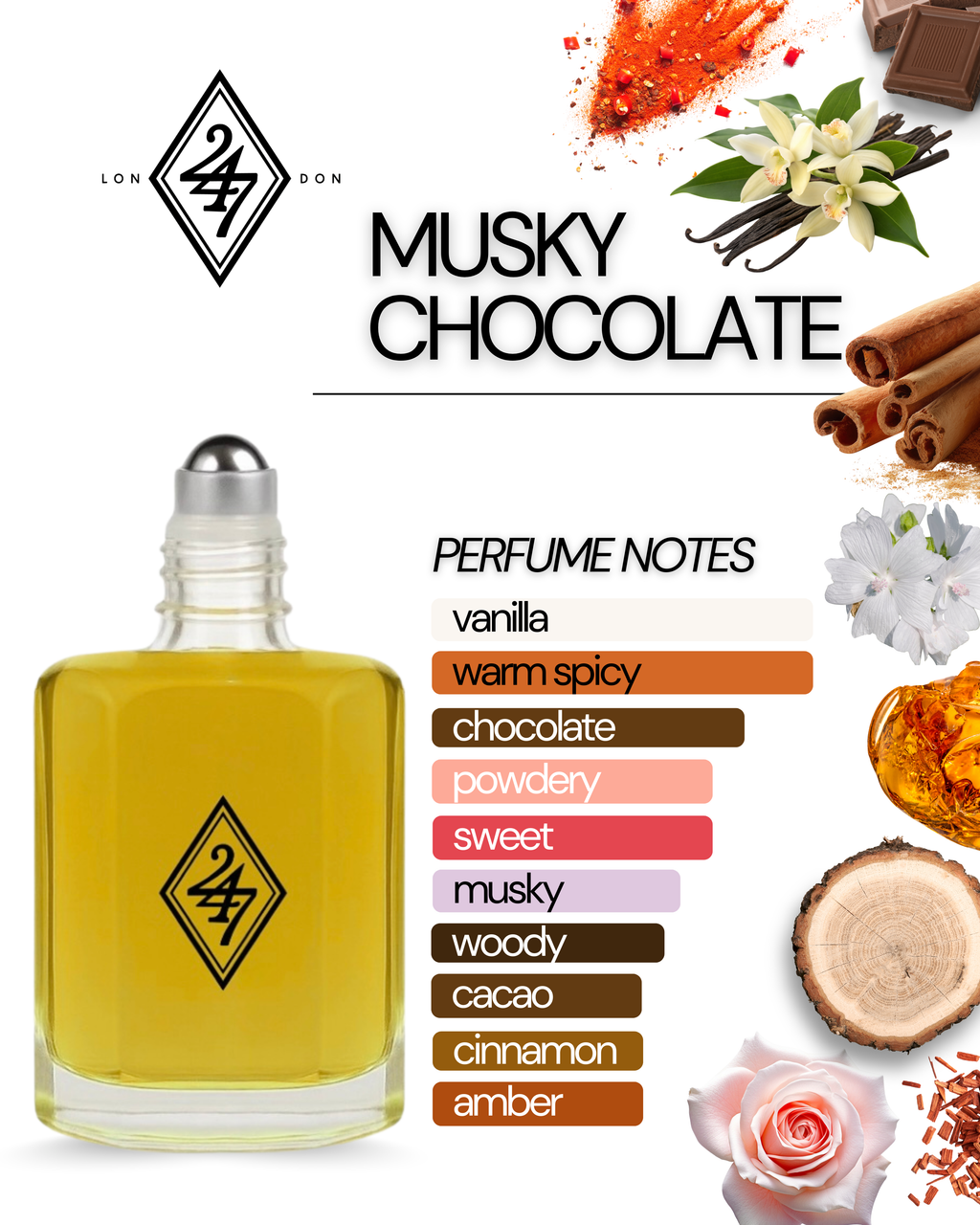 Musky Chocolate Fragrance Oil – Available in 3ml, 6ml, 12ml & 24ml. A sweet blend of chocolate, vanilla, musk & woods. Warm, elegant & long-lasting.