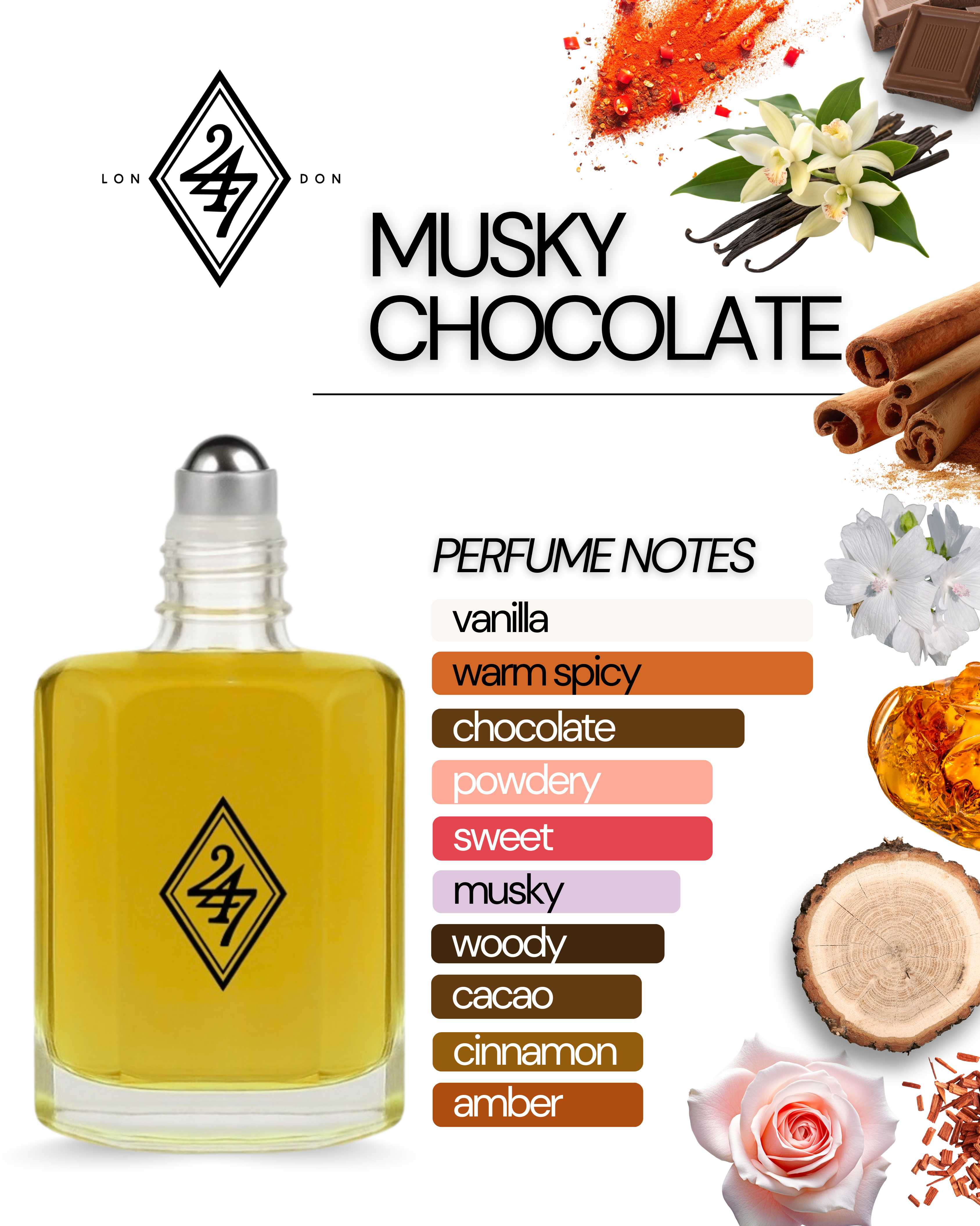 Musky Chocolate Fragrance Oil – Available in 3ml, 6ml, 12ml & 24ml. A sweet blend of chocolate, vanilla, musk & woods. Warm, elegant & long-lasting.