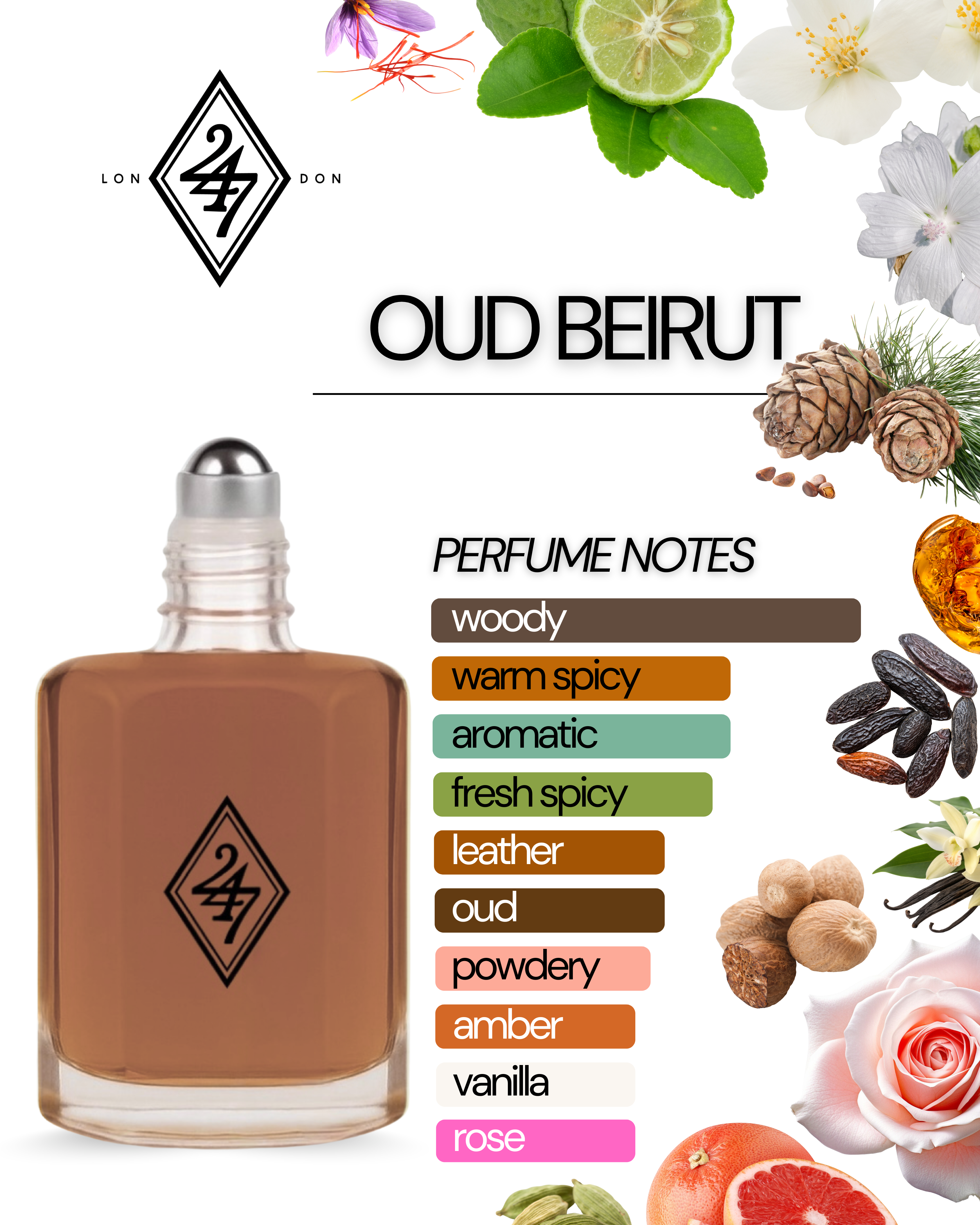 Oud Beirut Fragrance Oil – Available in 3ml, 6ml, 12ml & 24ml. A luxurious blend of oud, amber & rose. Long-lasting, smoky & elegant unisex scent.