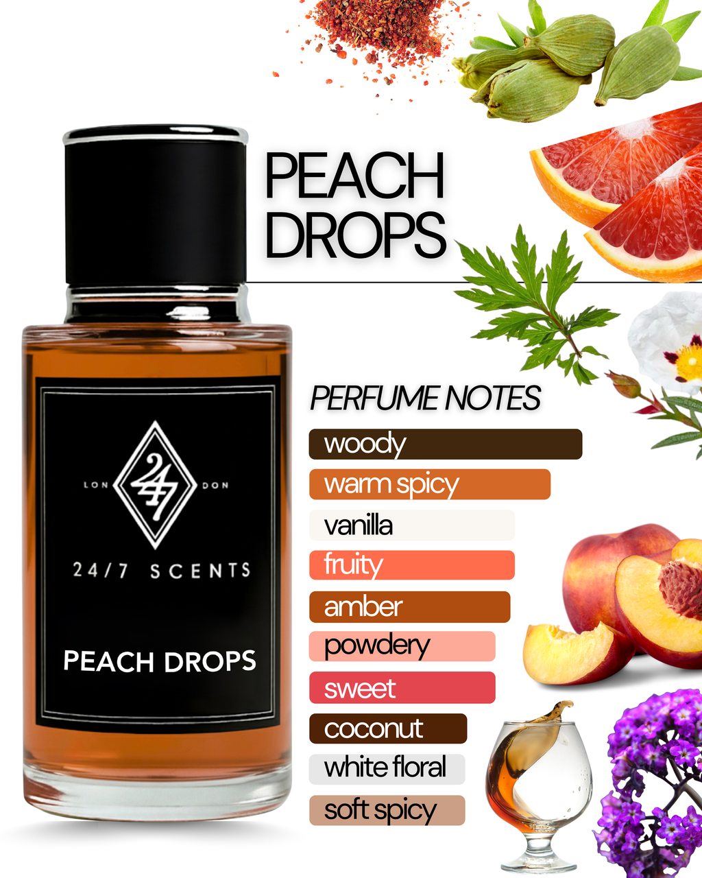Peach Drops – a luxury fragrance with notes of peach, blood orange, jasmine, vanilla, and patchouli. Bold, sensual, and long-lasting for any occasion.