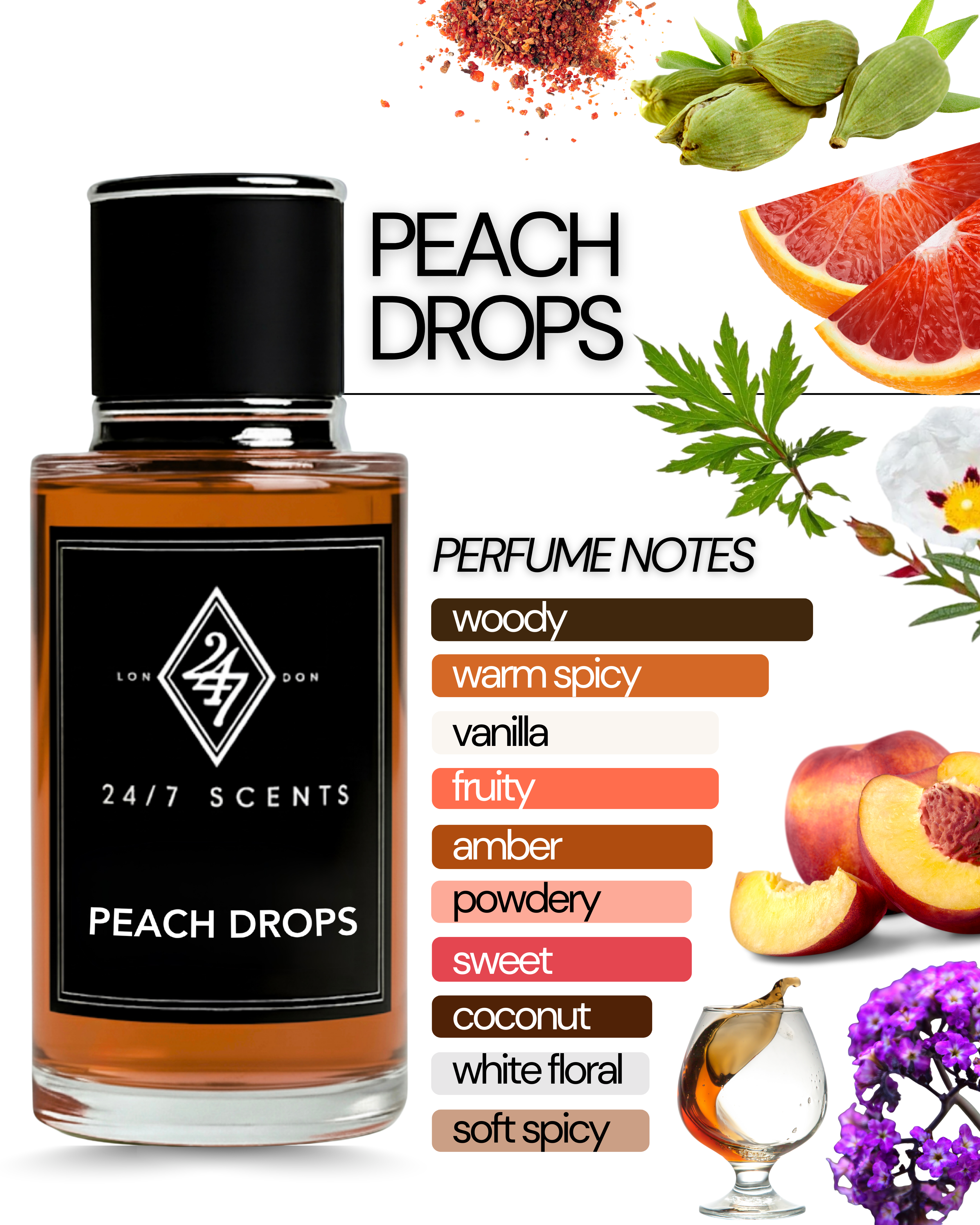 Peach Drops – a luxury fragrance with notes of peach, blood orange, jasmine, vanilla, and patchouli. Bold, sensual, and long-lasting for any occasion.