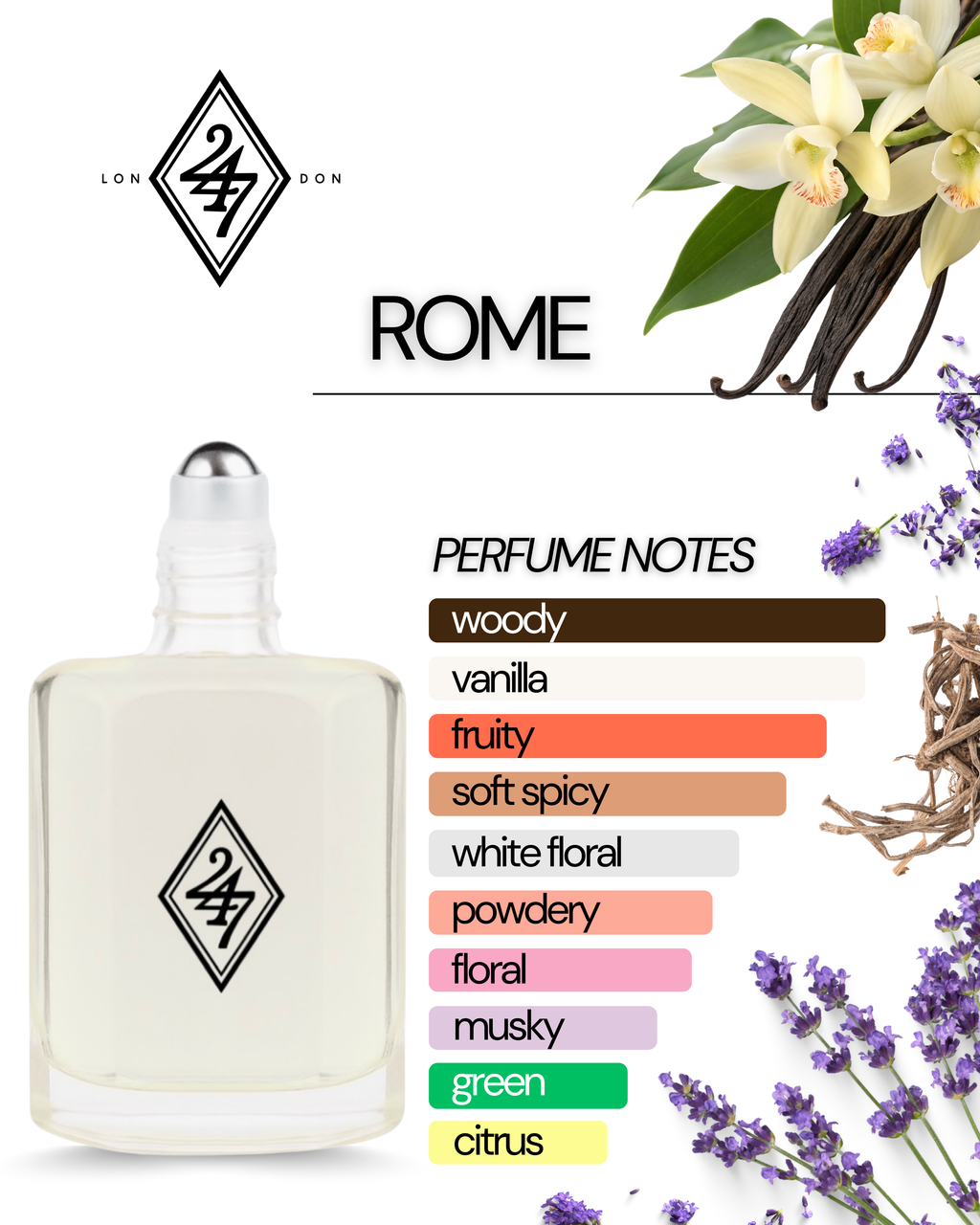 Rome Fragrance Oil – Available in 3ml, 6ml, 12ml & 24ml. A stylish unisex blend of vanilla, lavender & vetiver. Modern, elegant & long-lasting.