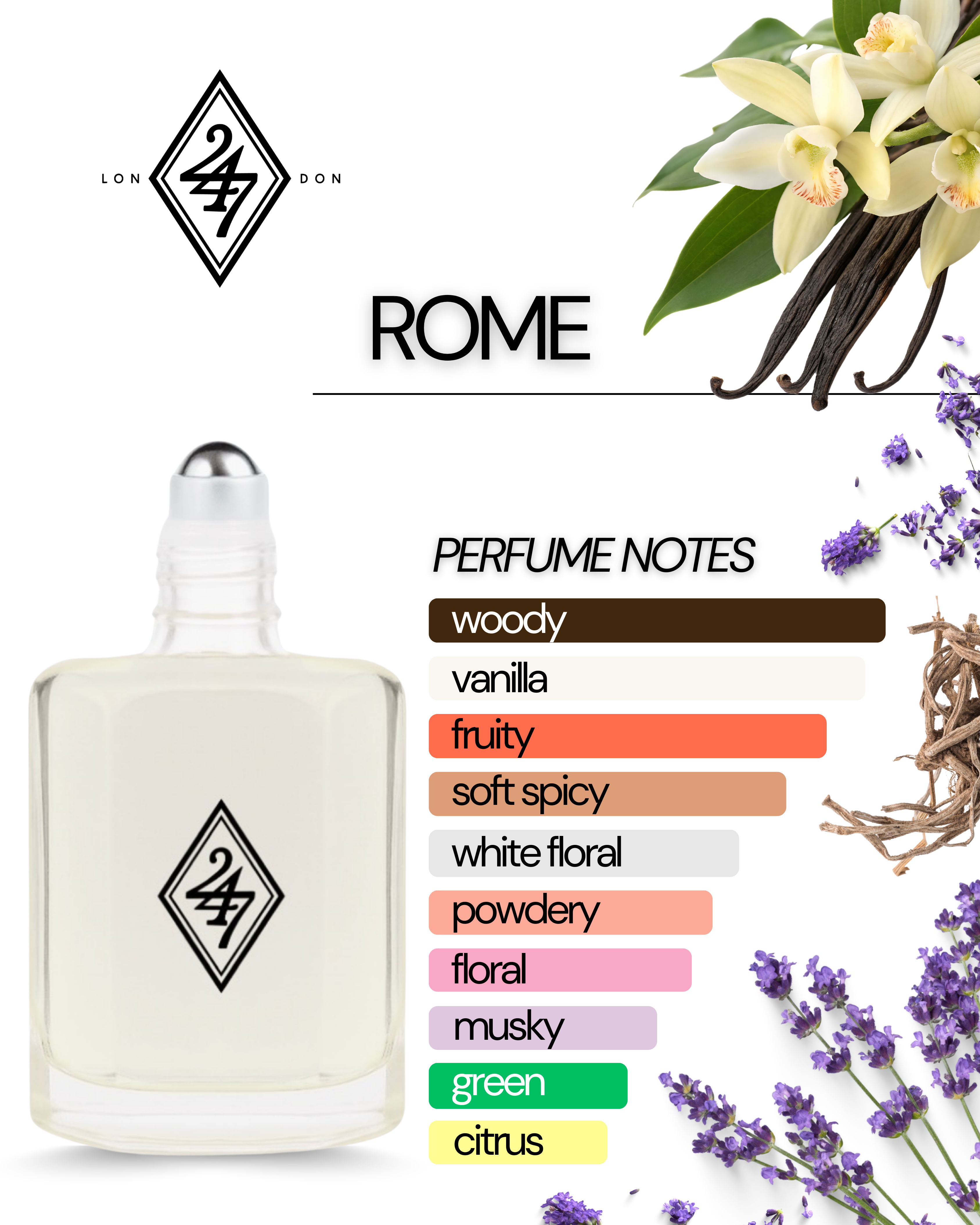 Rome Fragrance Oil – Available in 3ml, 6ml, 12ml & 24ml. A stylish unisex blend of vanilla, lavender & vetiver. Modern, elegant & long-lasting.