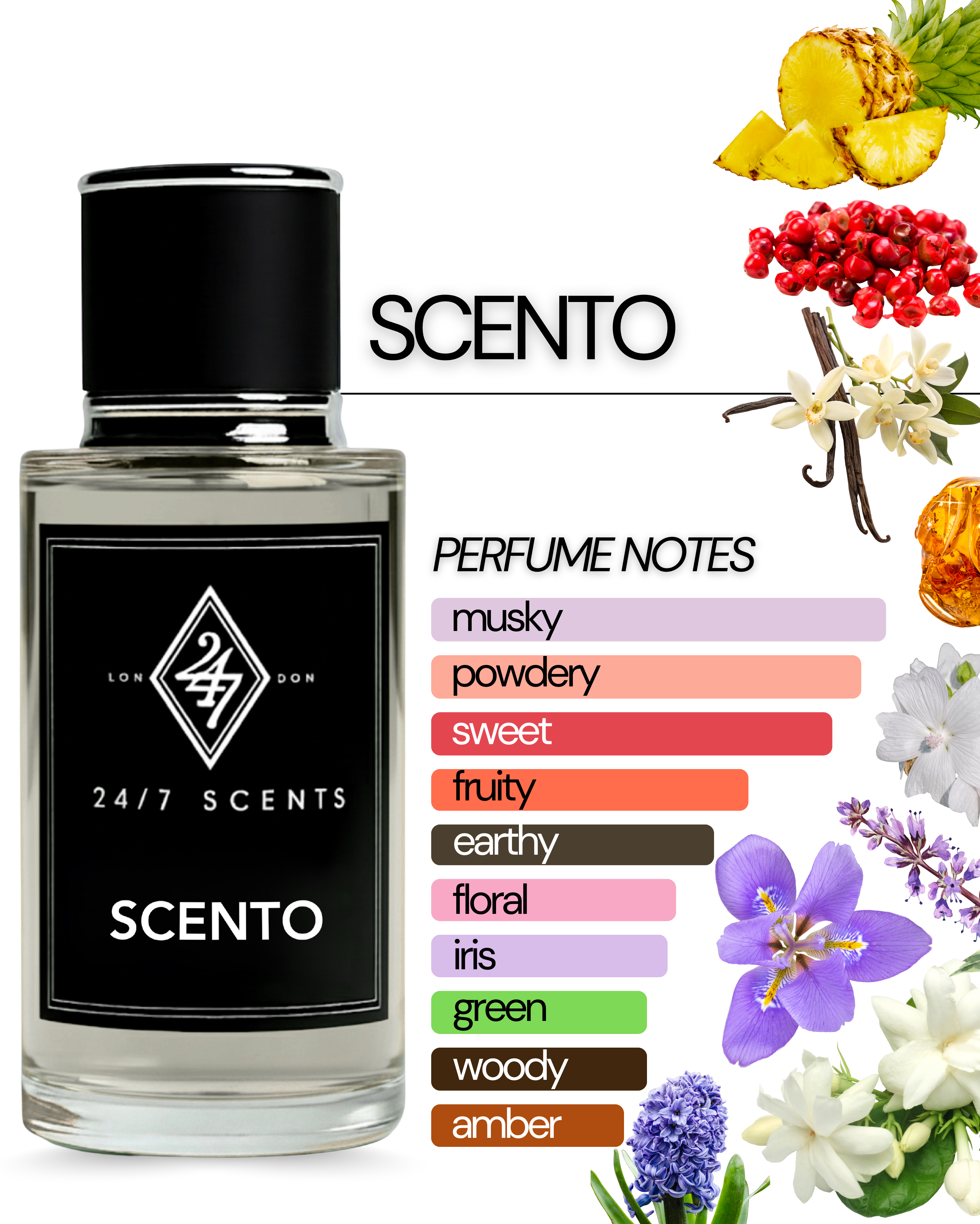 Bold yet refined, Scento Eau de Parfum is a fragrance that celebrates elegance with a vibrant twist. The scent opens with a bright and juicy blend of pineapple and hyacinth, creating a fresh and uplifting first impression. Suitable for daytime sophistication or evening allure Presented in a 50ml spray bottle for everyday use or gifting.