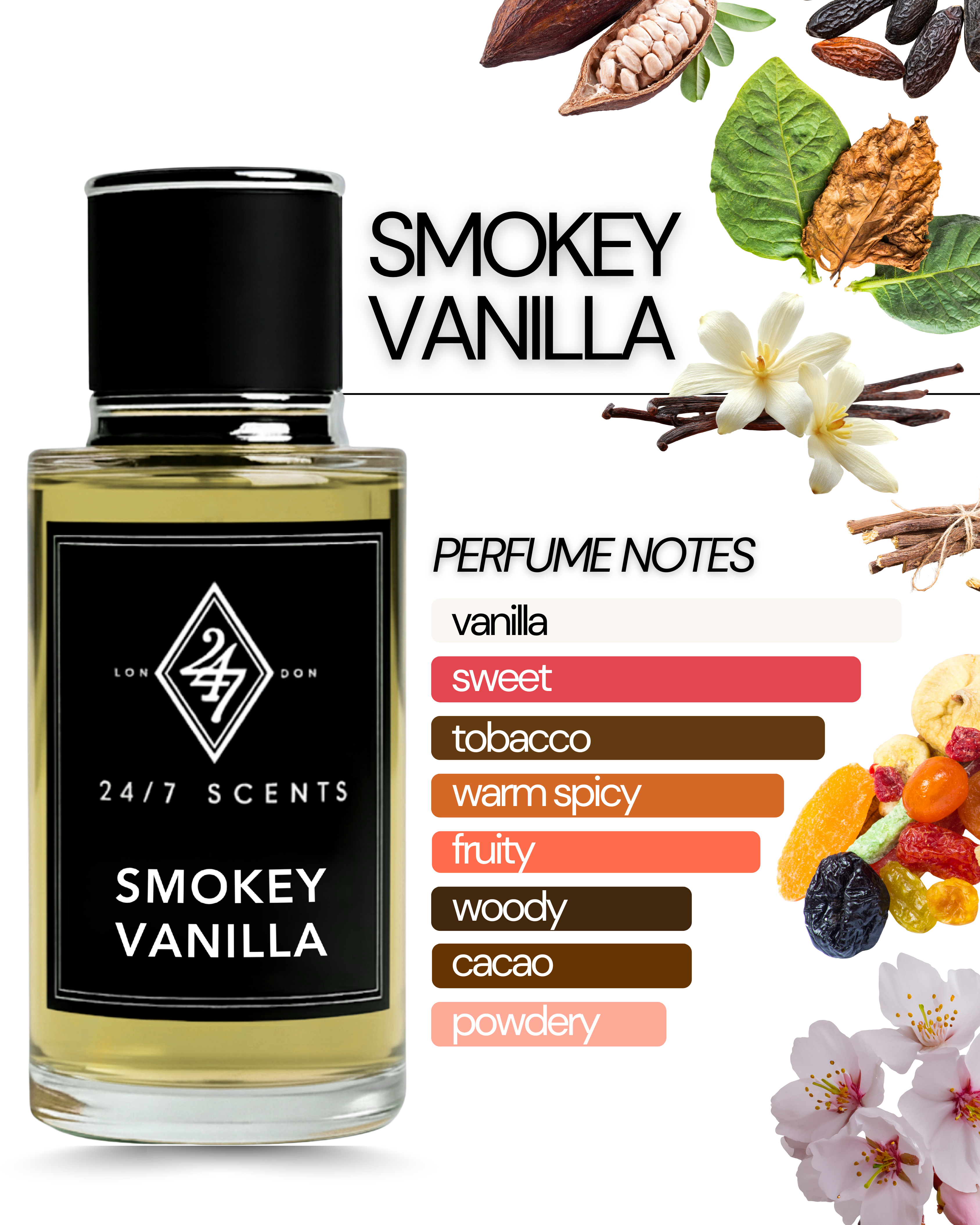 Smokey Vanilla Eau de Parfum (50ml). A warm, smoky-sweet fragrance with vanilla, tobacco & wood. Bold, sensual & long-lasting.