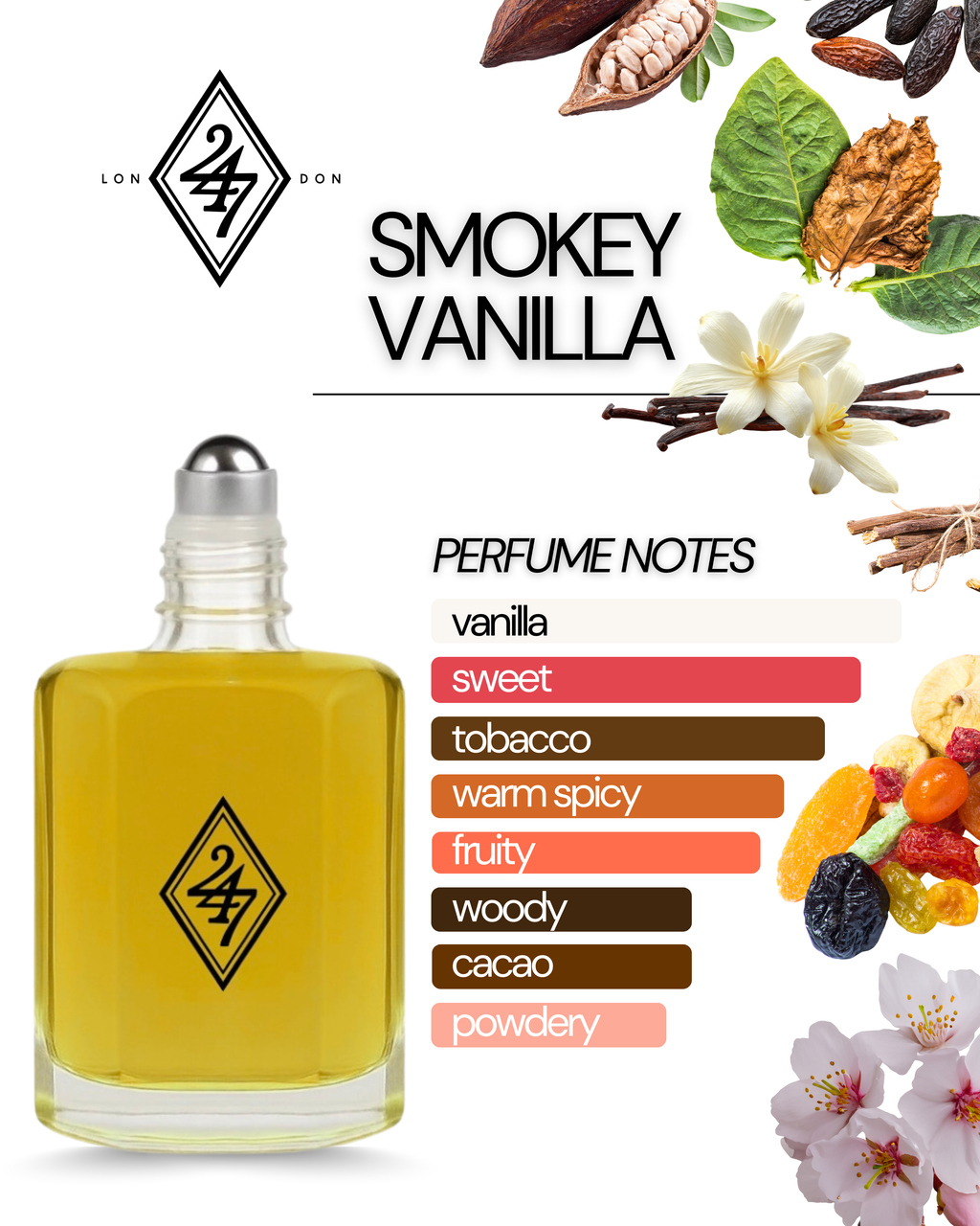 Smokey Vanilla Fragrance Oil – Available in 3ml, 6ml, 12ml & 24ml. A warm blend of vanilla, tobacco & woods. Rich, sensual & long-lasting.