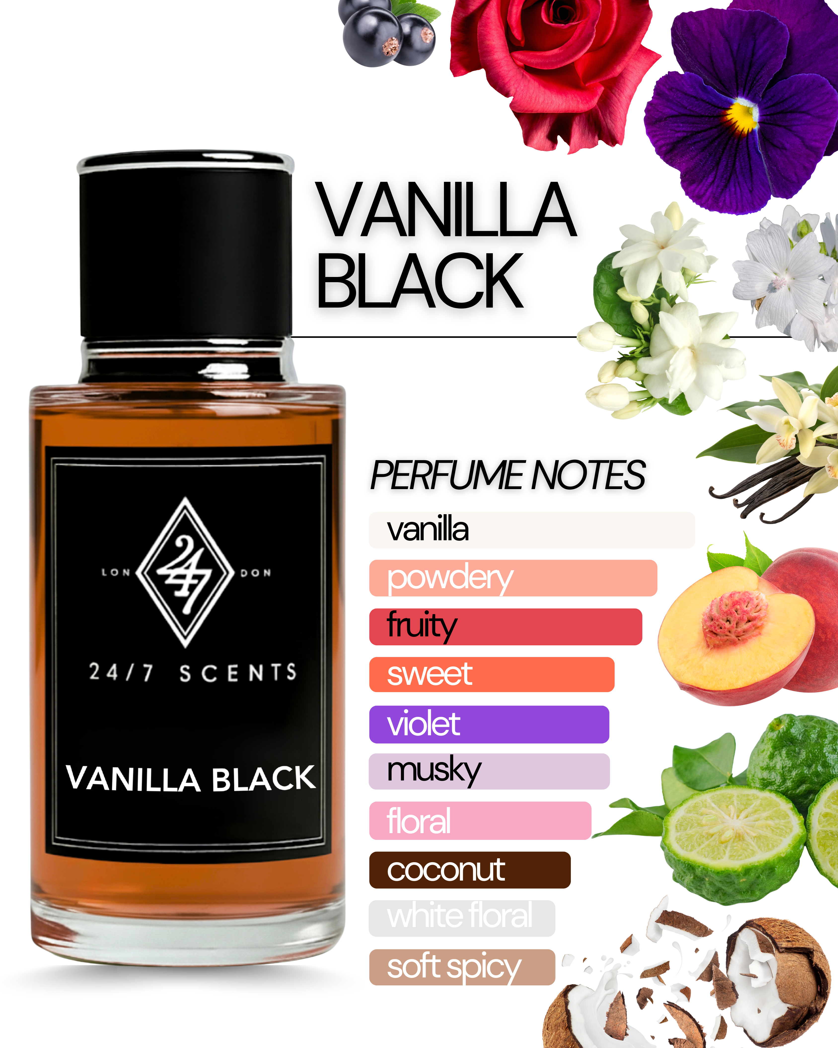 Vanilla Black – a luxury fragrance with peach, coconut, jasmine, rose, and a warm vanilla-musk base. A long-lasting, elegant scent for any occasion.