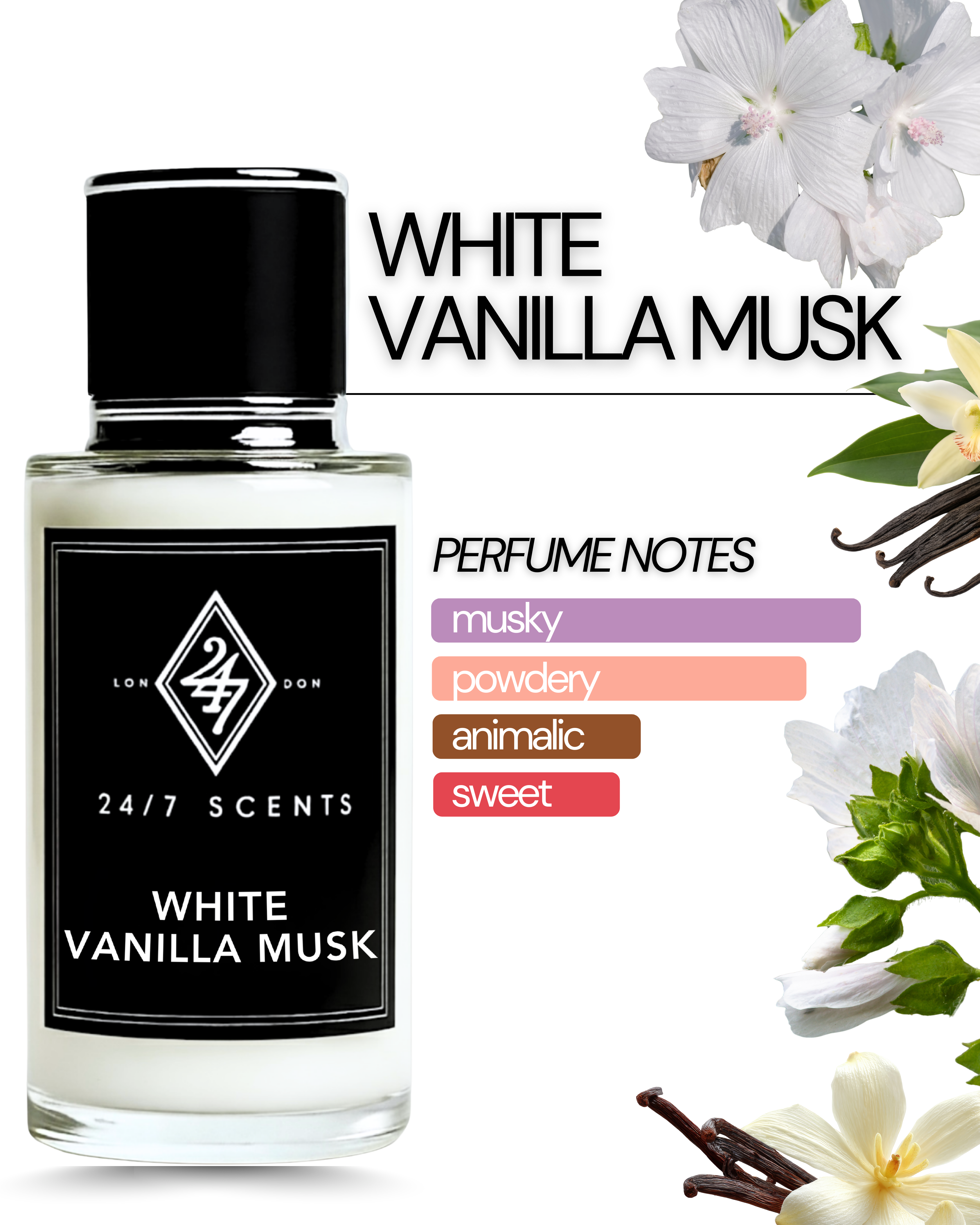 White Vanilla Musk Perfume Spray 50ml – long-lasting fragrance with creamy vanilla & soft musk. Elegant, unisex, and sophisticated for daily wear.