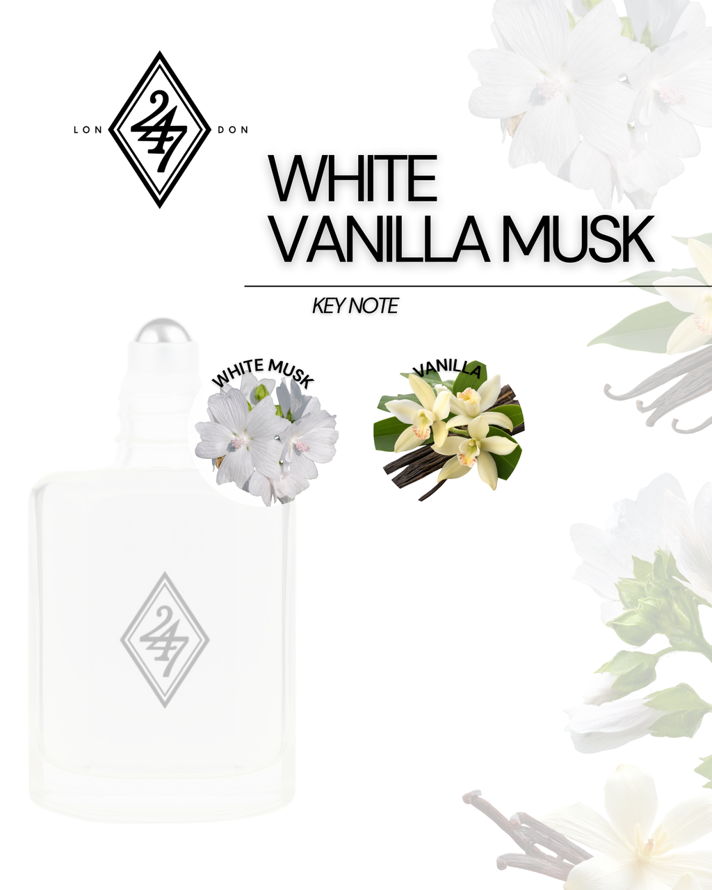White Vanilla Musk Perfume Oil – alcohol-free, long-lasting fragrance with creamy vanilla & soft musk. Elegant, unisex, and skin-friendly.